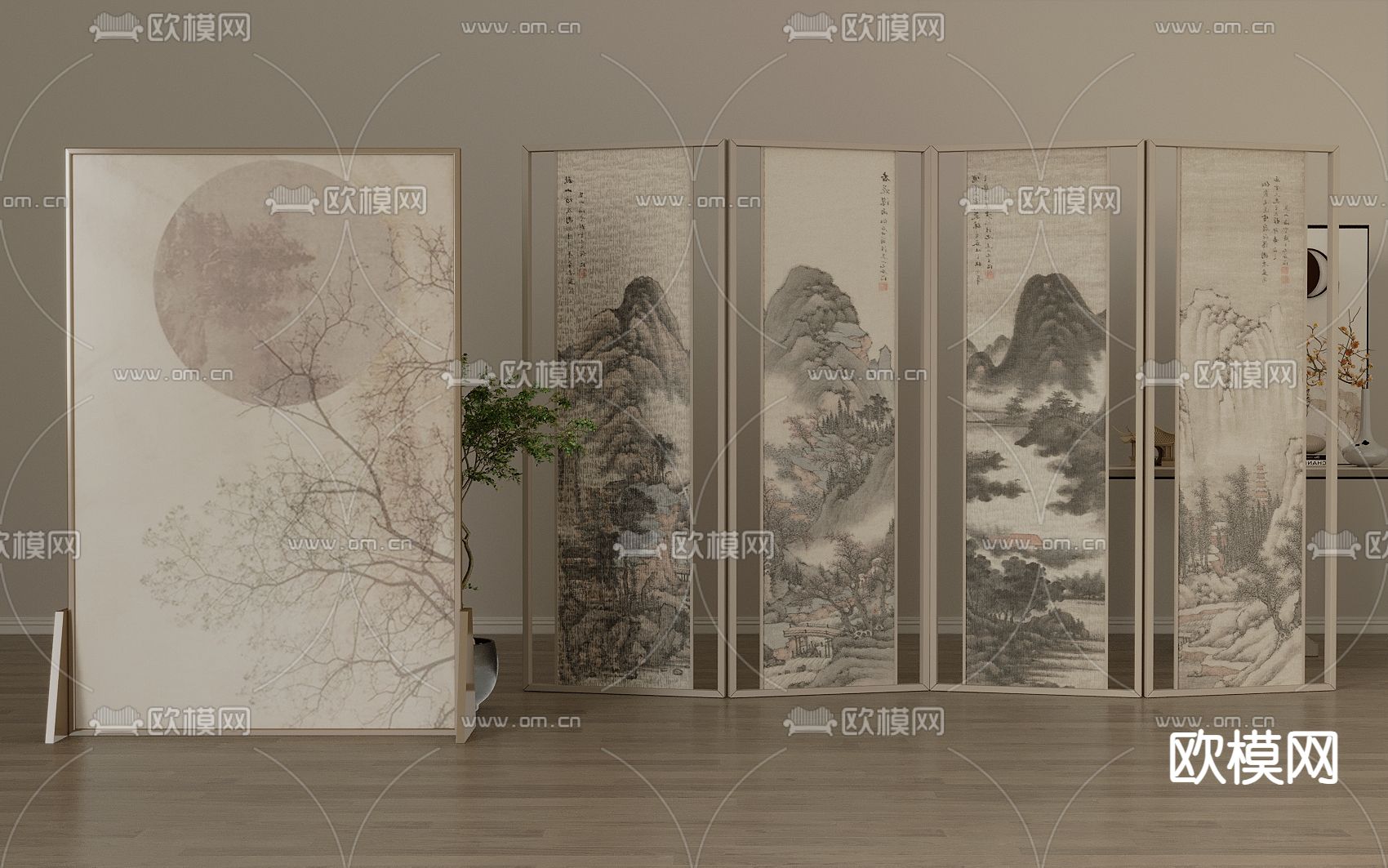 新中式屏风 隔断 折叠屏风 插屏3d模型下载