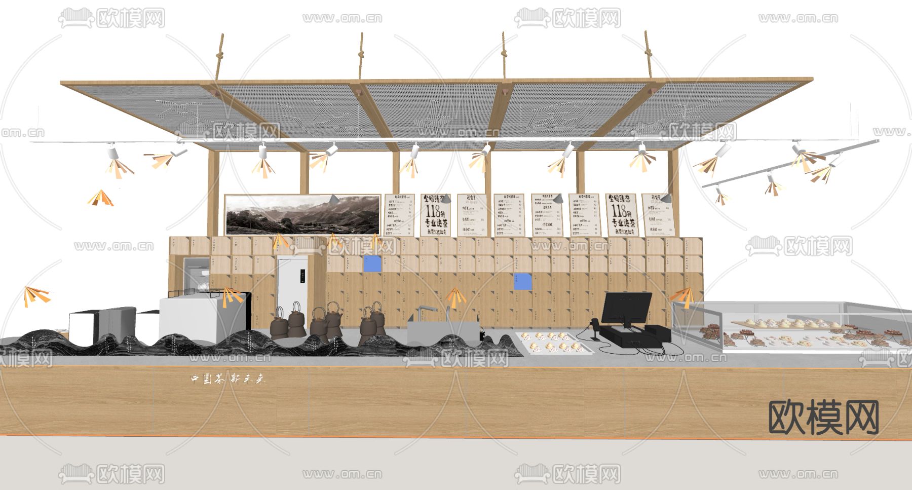现代茶柜 中药柜 格栅吊顶 收银机su模型下载（渲染图1）