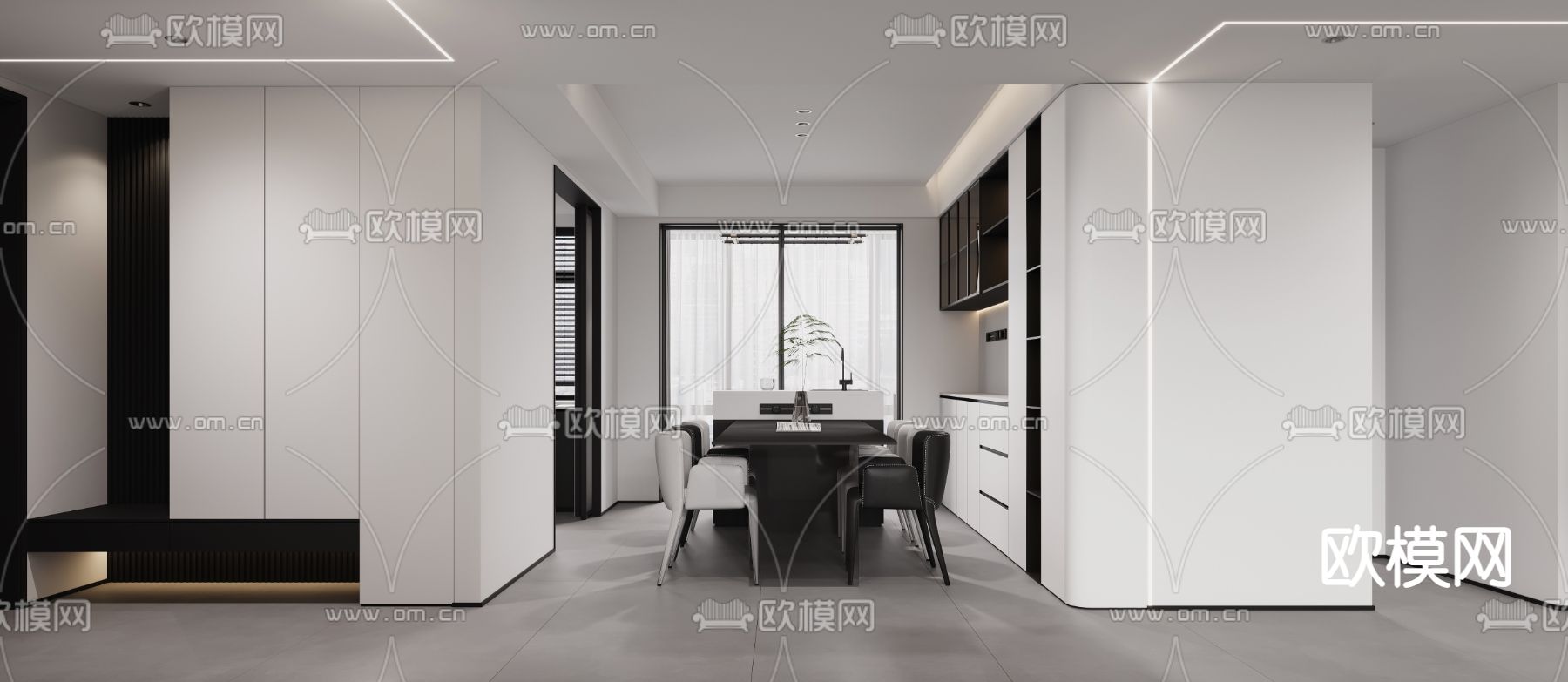 黑白灰客餐厅3d模型下载（渲染图3）