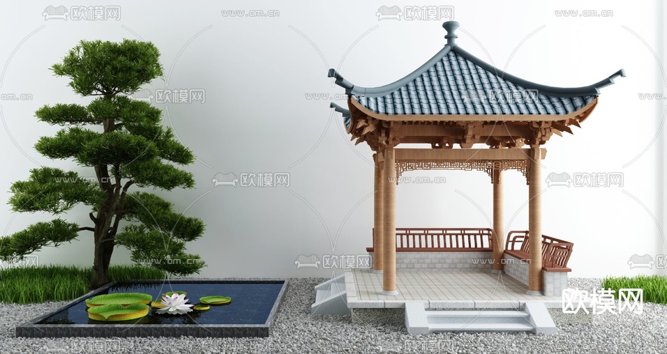 新中式景观亭 休憩亭 凉亭 荷花池3d模型下载
