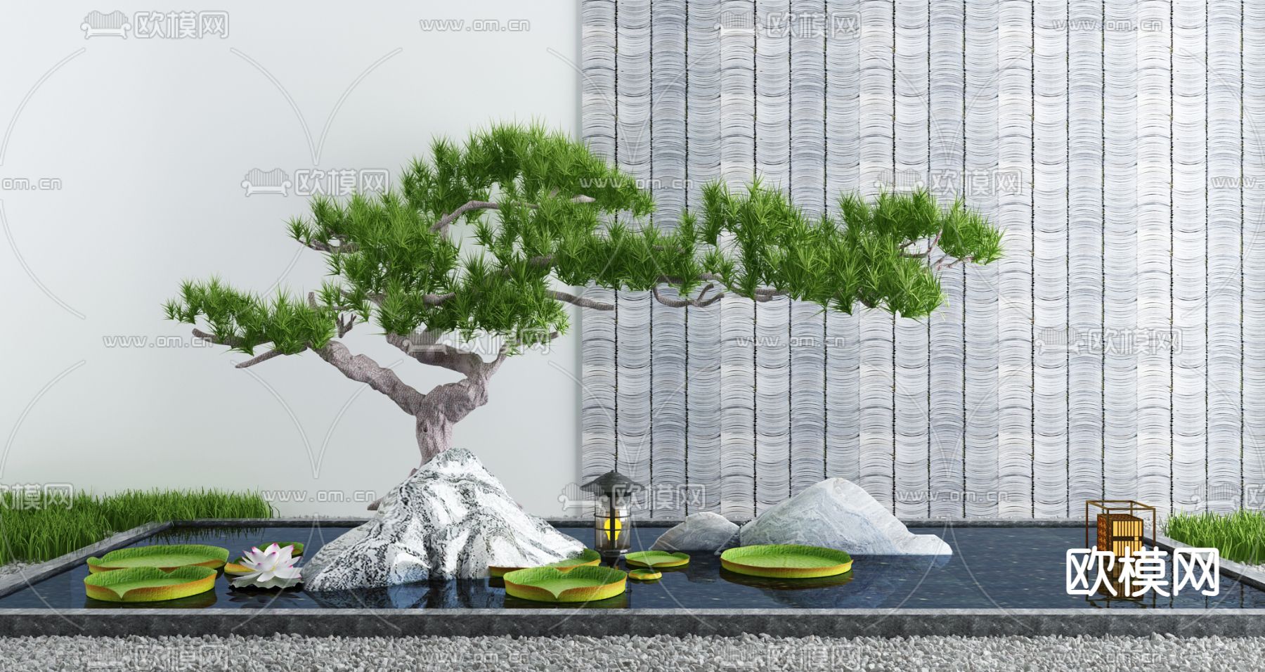 水景小品 荷花池 松树造景3d模型下载