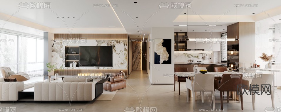 现代客厅 餐厅3d模型下载(渲染图2)