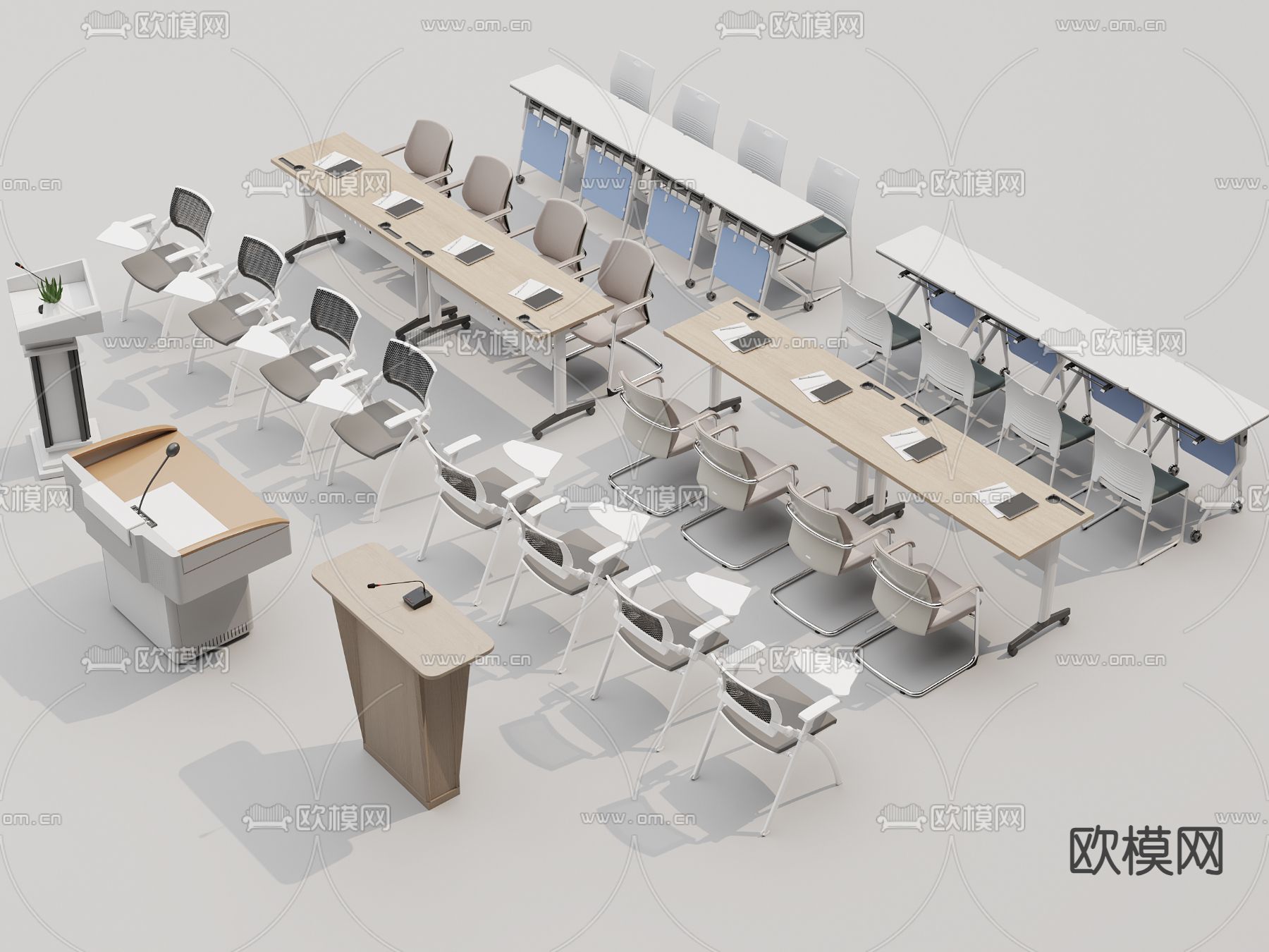 培训桌椅 课桌椅 会议桌椅 折叠椅 讲台3d模型下载