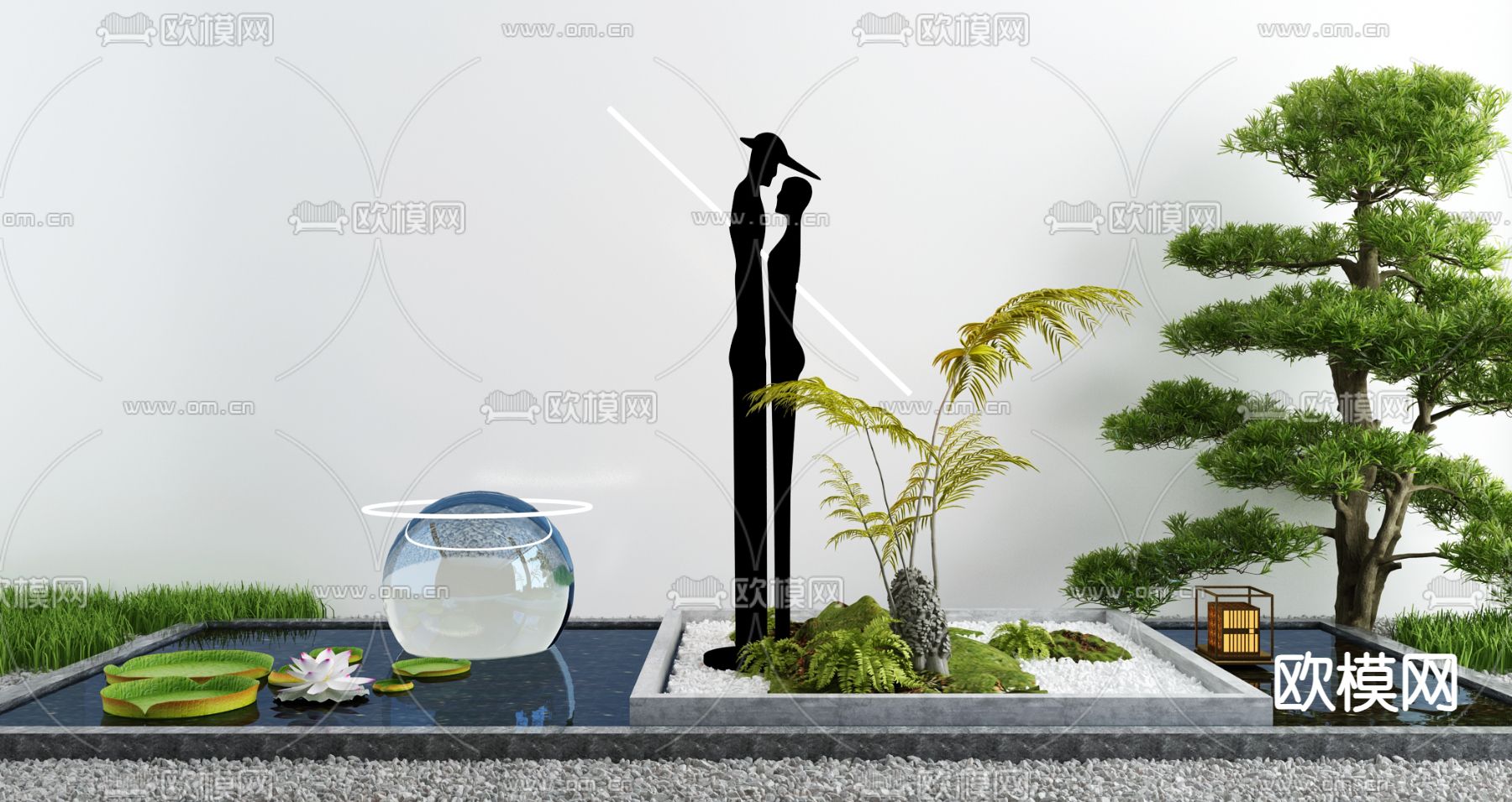 景观小品 荷花池 人像雕塑3d模型下载