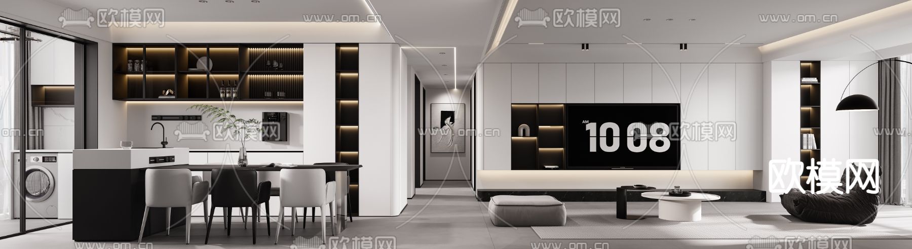 黑白灰客餐厅3d模型下载（渲染图2）