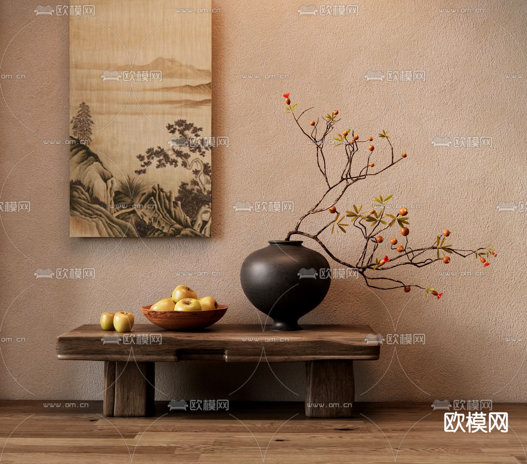 新中式端景台 条案3d模型下载