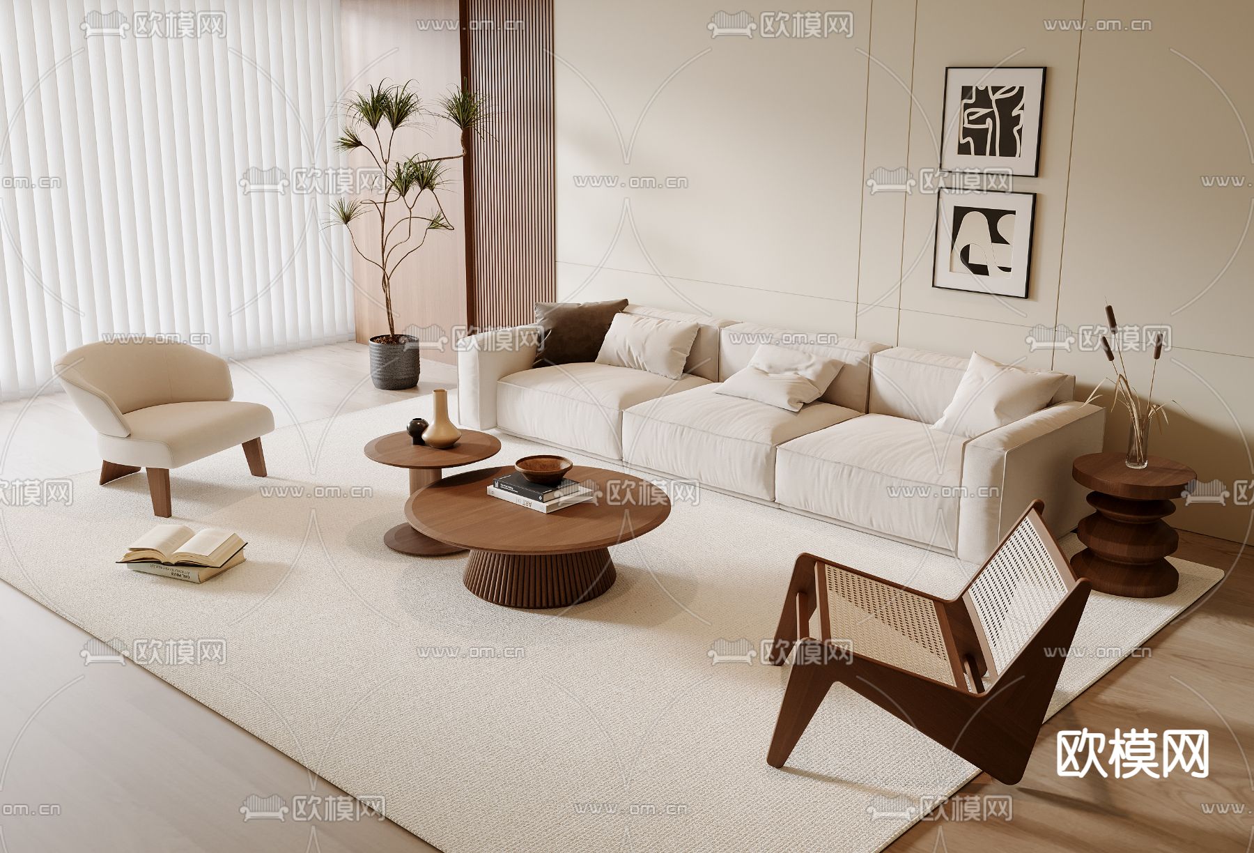 中古风组合沙发su模型下载（渲染图2）