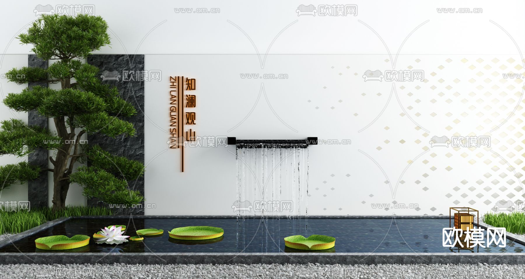 景观小品 流水景墙 荷花池3d模型下载