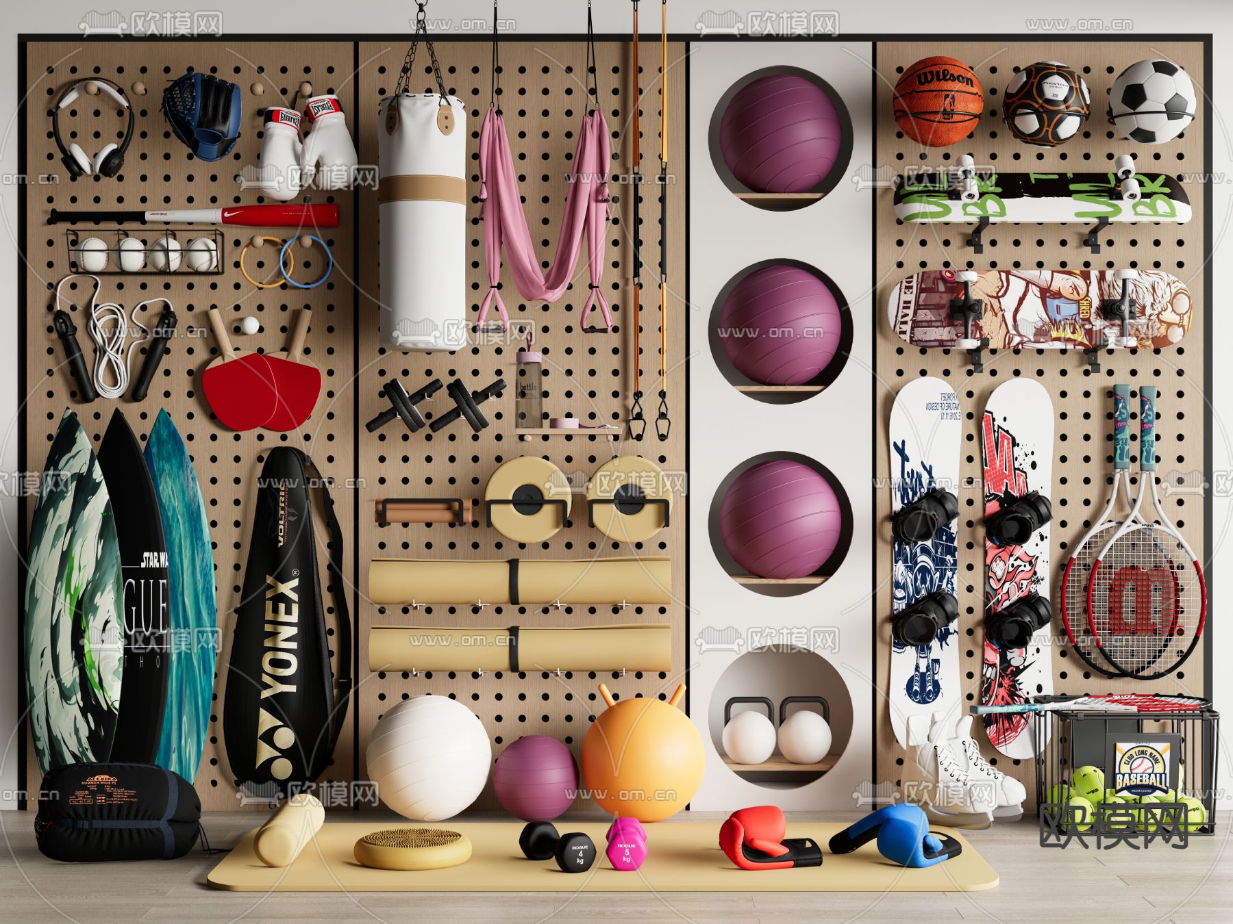 健身器材 瑜伽垫 滑板 冲浪滑 板拳击 沙袋su模型下载（渲染图2）