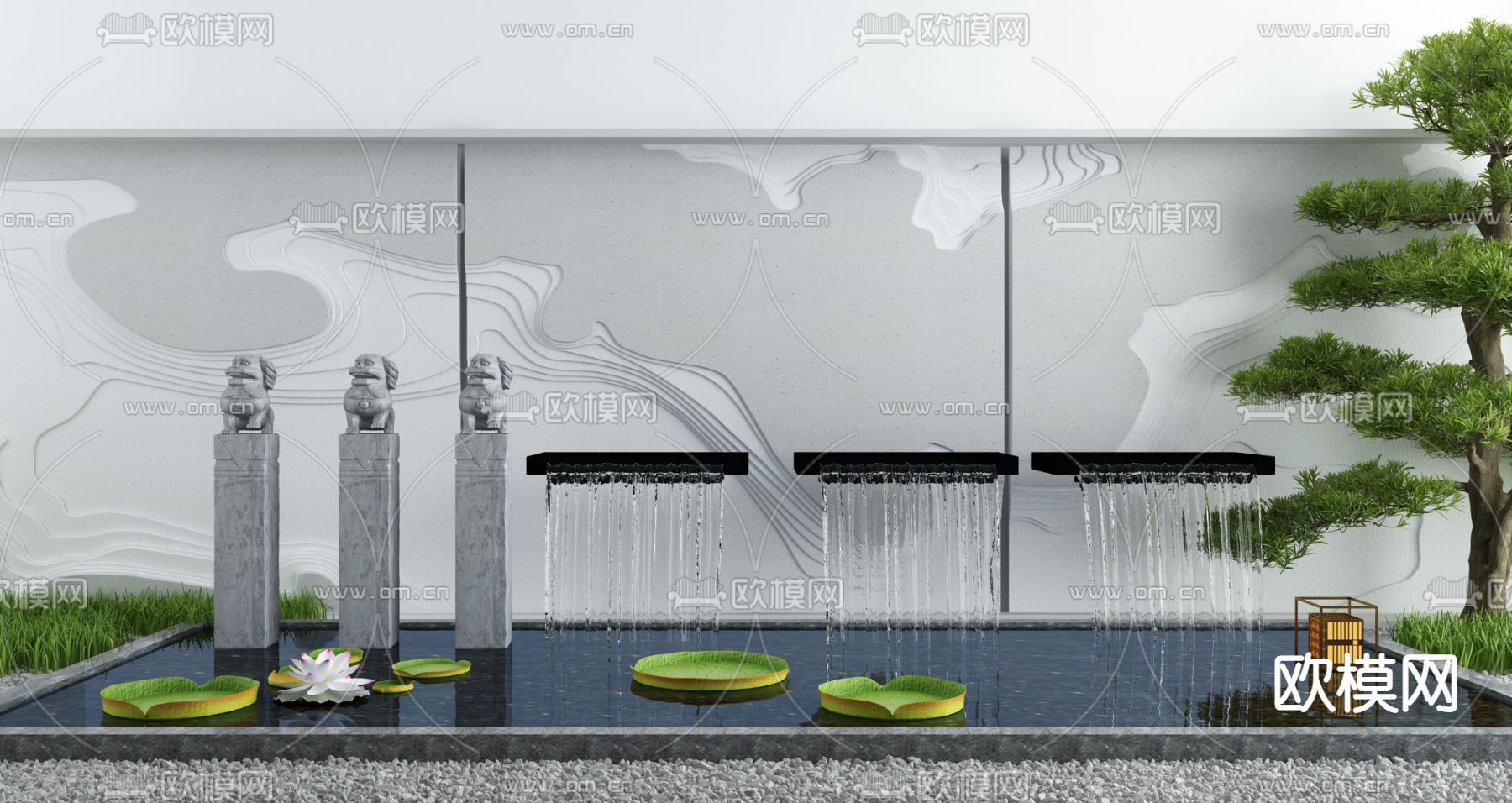景观小品 流水景墙 荷花池 石雕3d模型下载