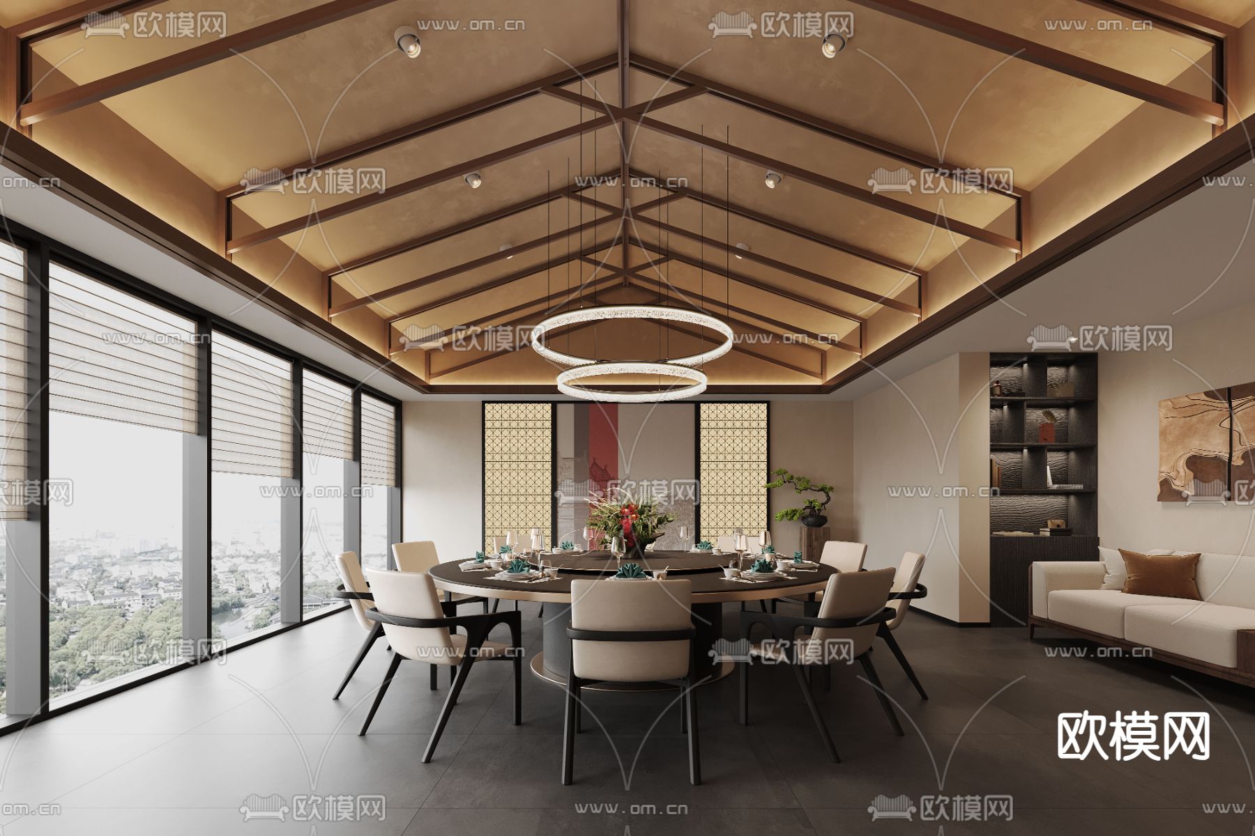 新中式餐厅包间 中餐厅包厢su模型下载（渲染图1）