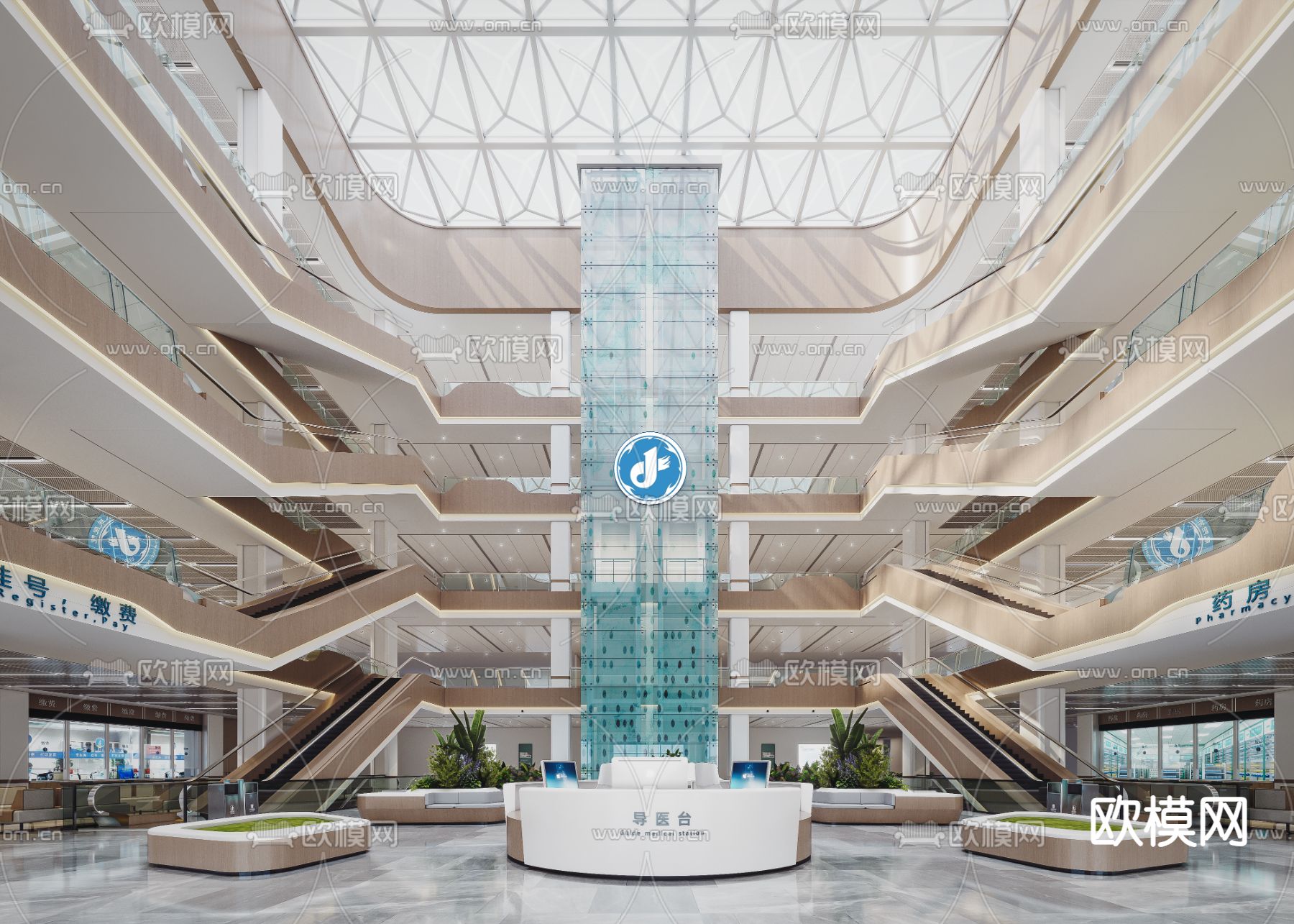 医院大厅 中庭 等候区3d模型下载（渲染图1）