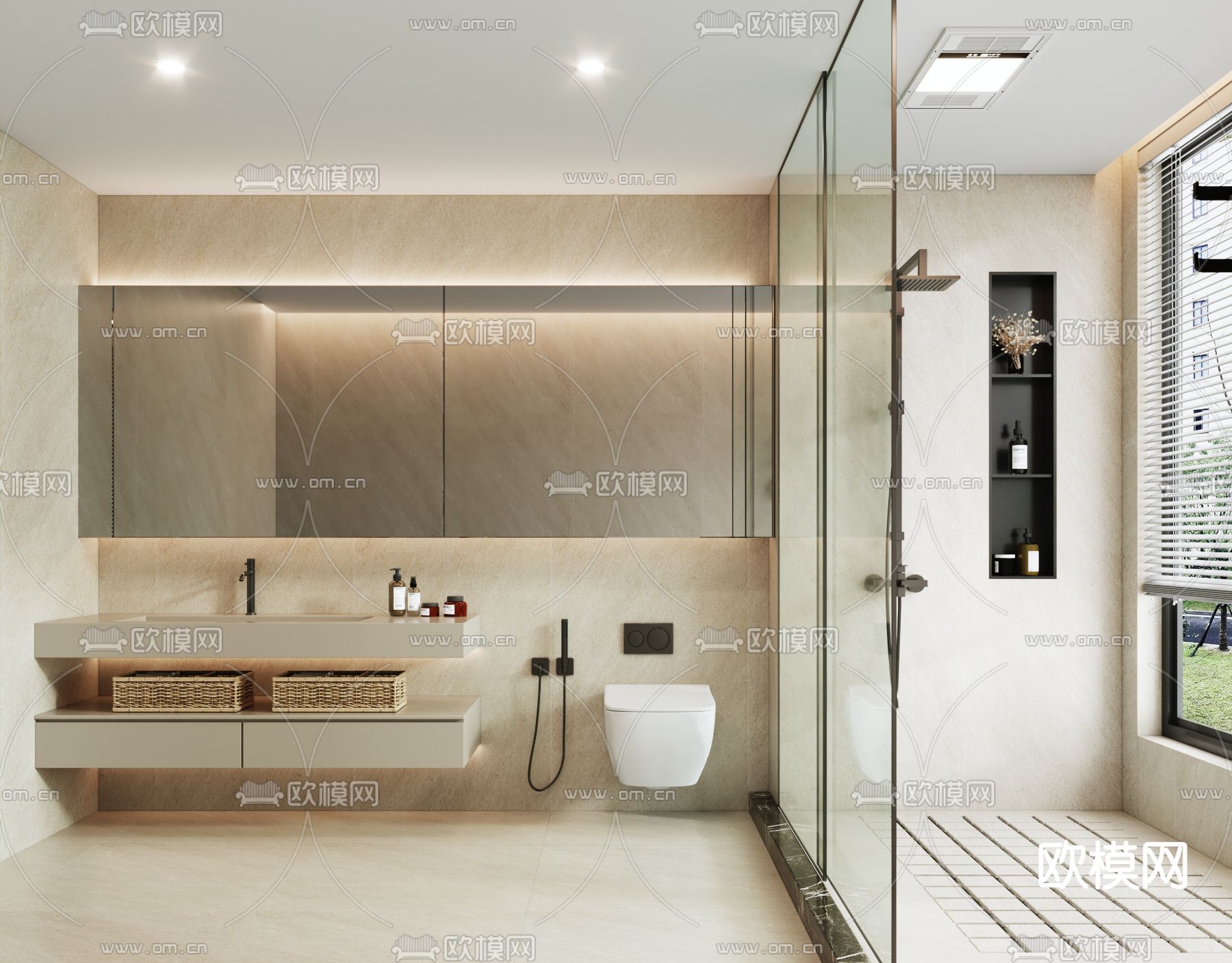 奶油风卫生间 浴室 洗手间su模型下载（渲染图1）