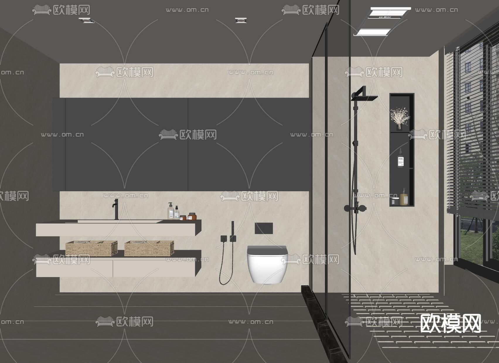 奶油风卫生间 浴室 洗手间su模型下载（渲染图2）