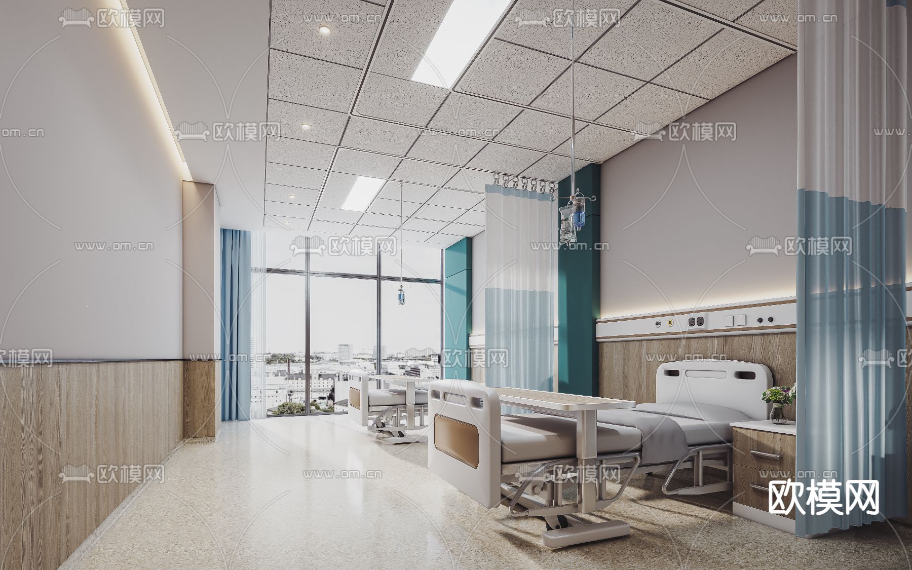 医院病房 三人病房su模型下载（渲染图2）