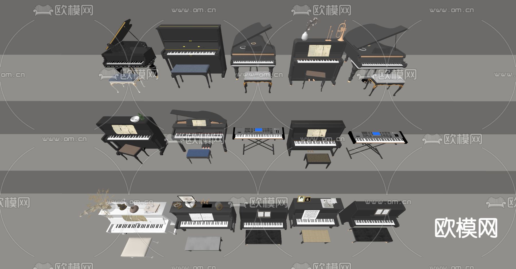 钢琴 电子琴 乐器 三角钢琴su模型下载（渲染图1）