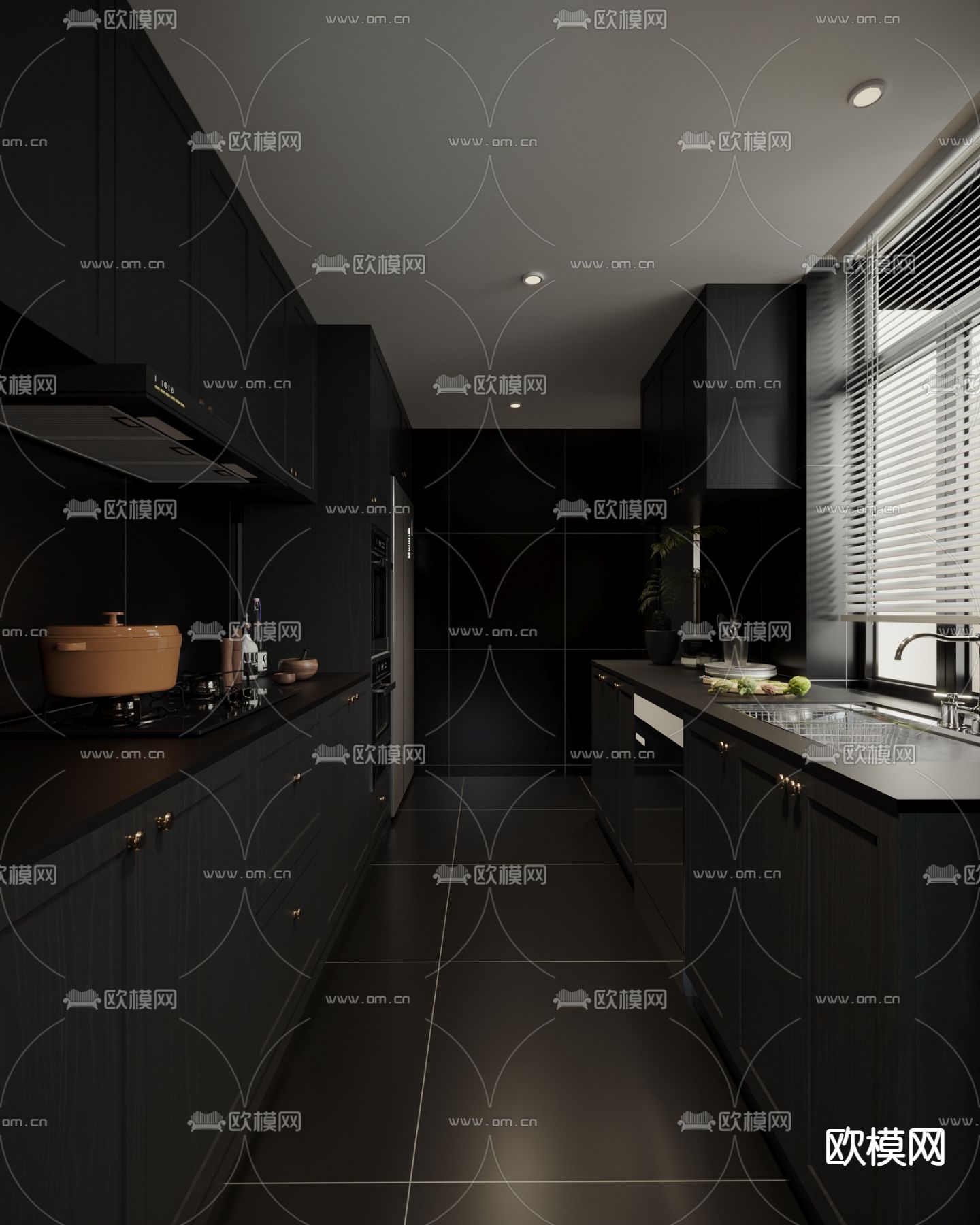 暗黑风厨房 橱柜su模型下载（渲染图1）