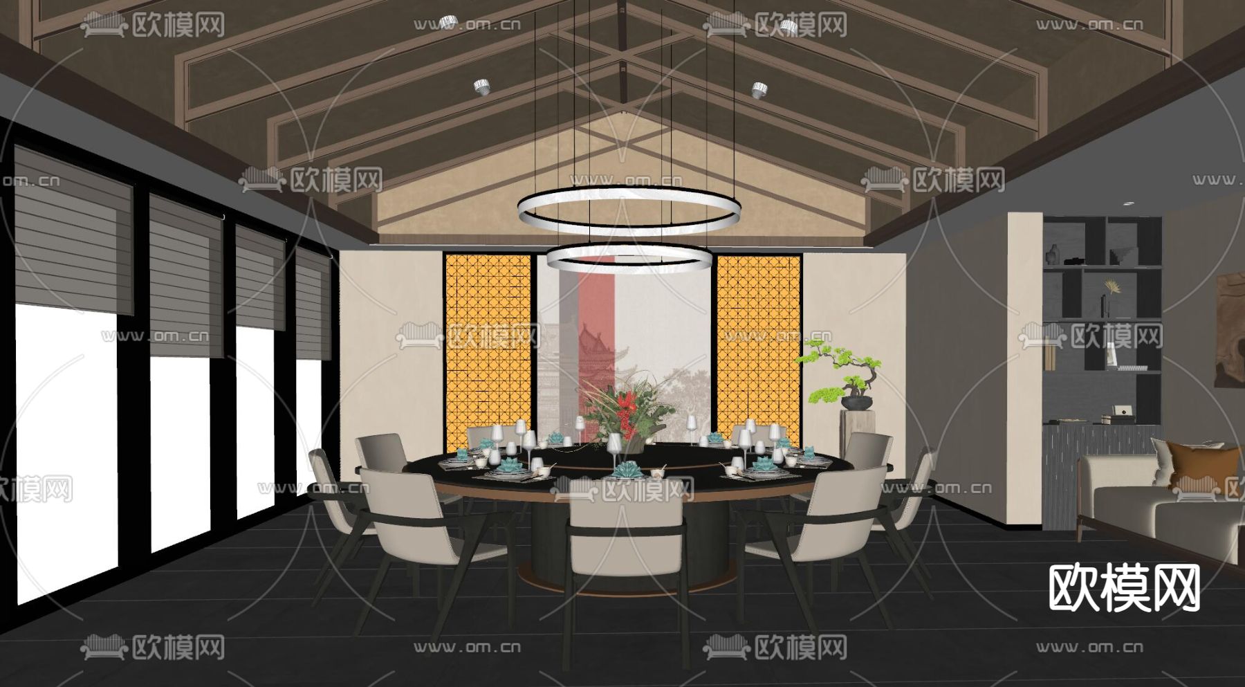 新中式餐厅包间 中餐厅包厢su模型下载（渲染图2）