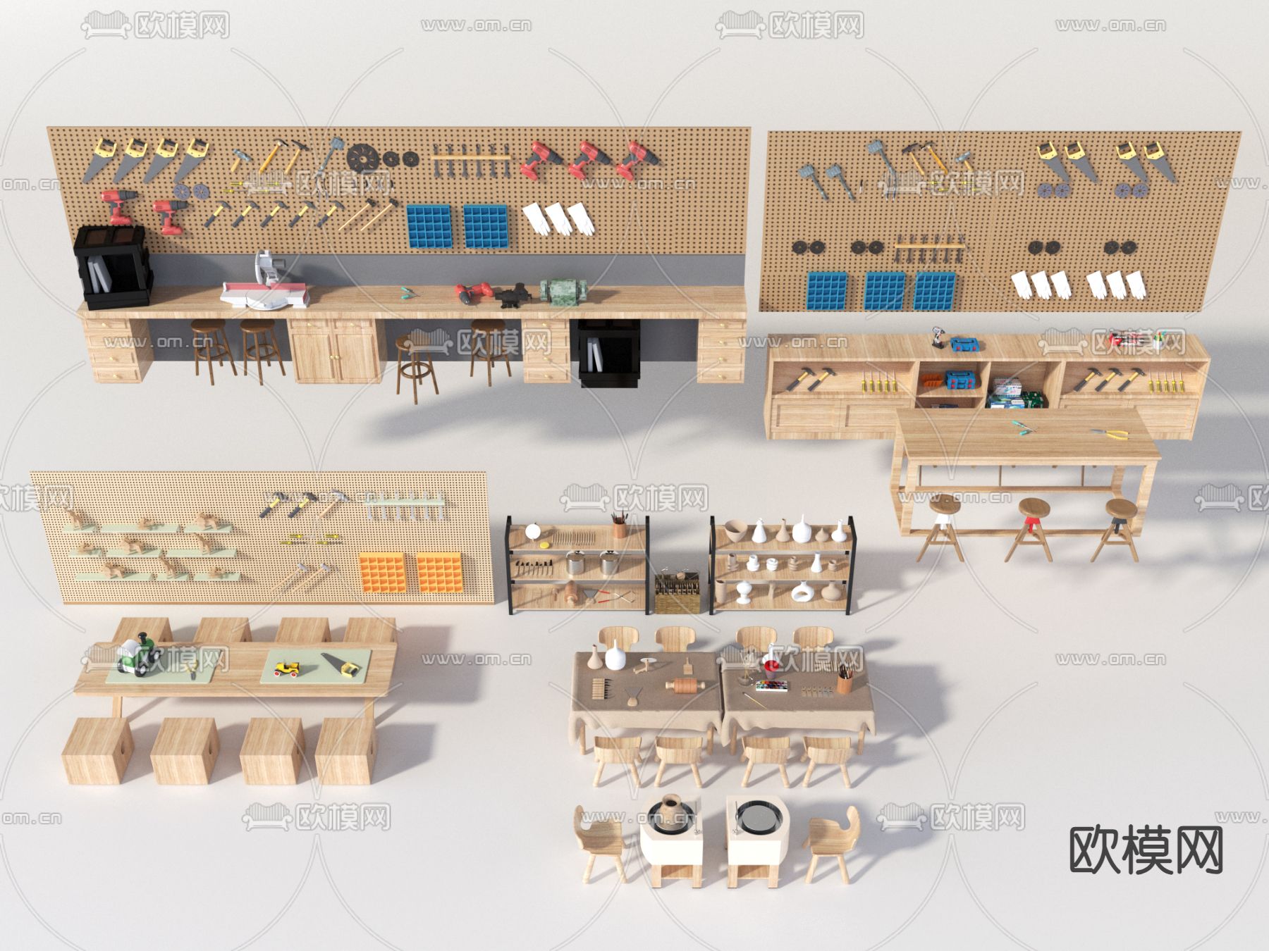 手工教室桌椅 工具墙 陶艺工具3d模型下载