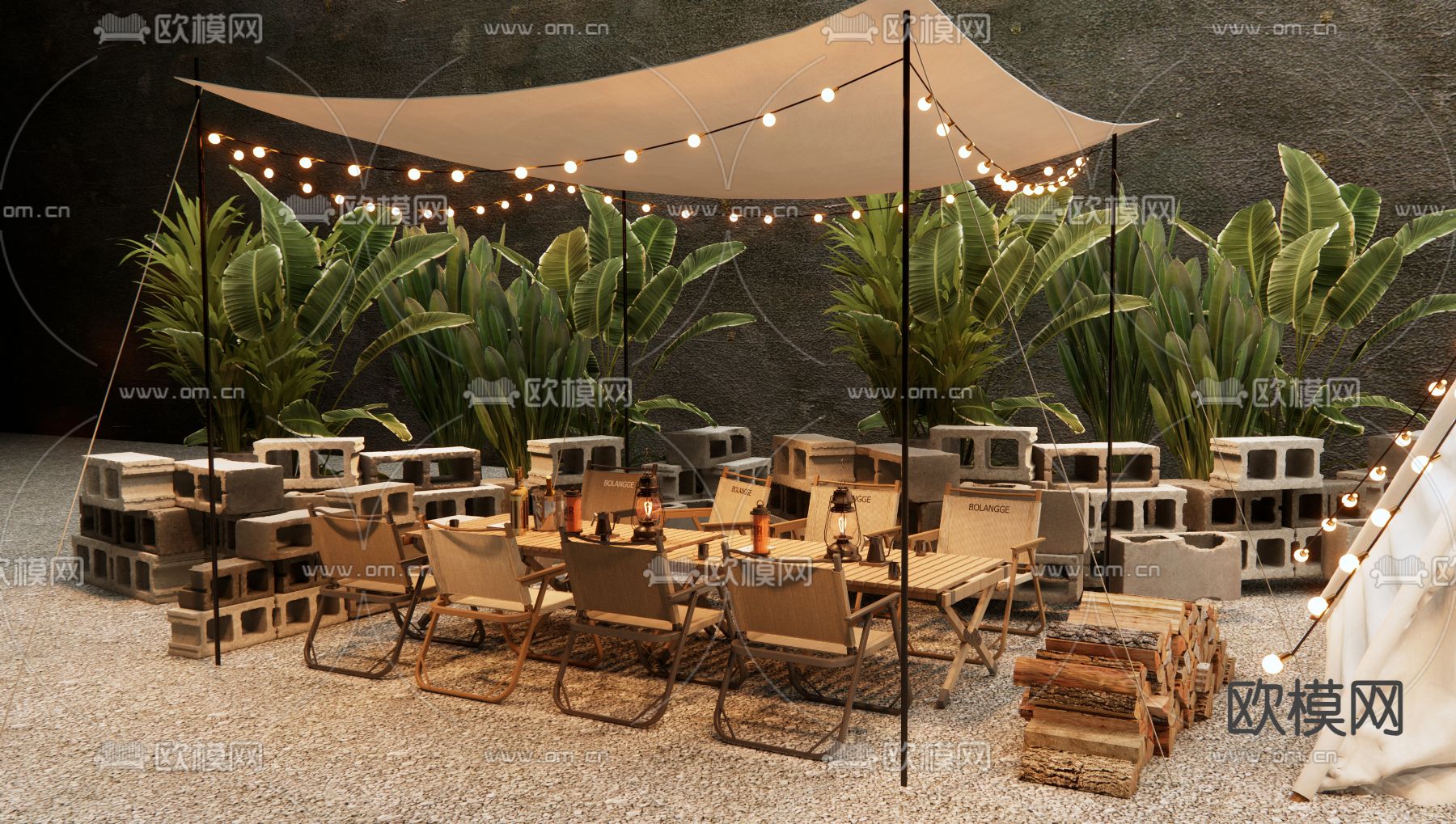 森系露营风外摆  户外咖啡厅 露营帐篷su模型下载（渲染图1）