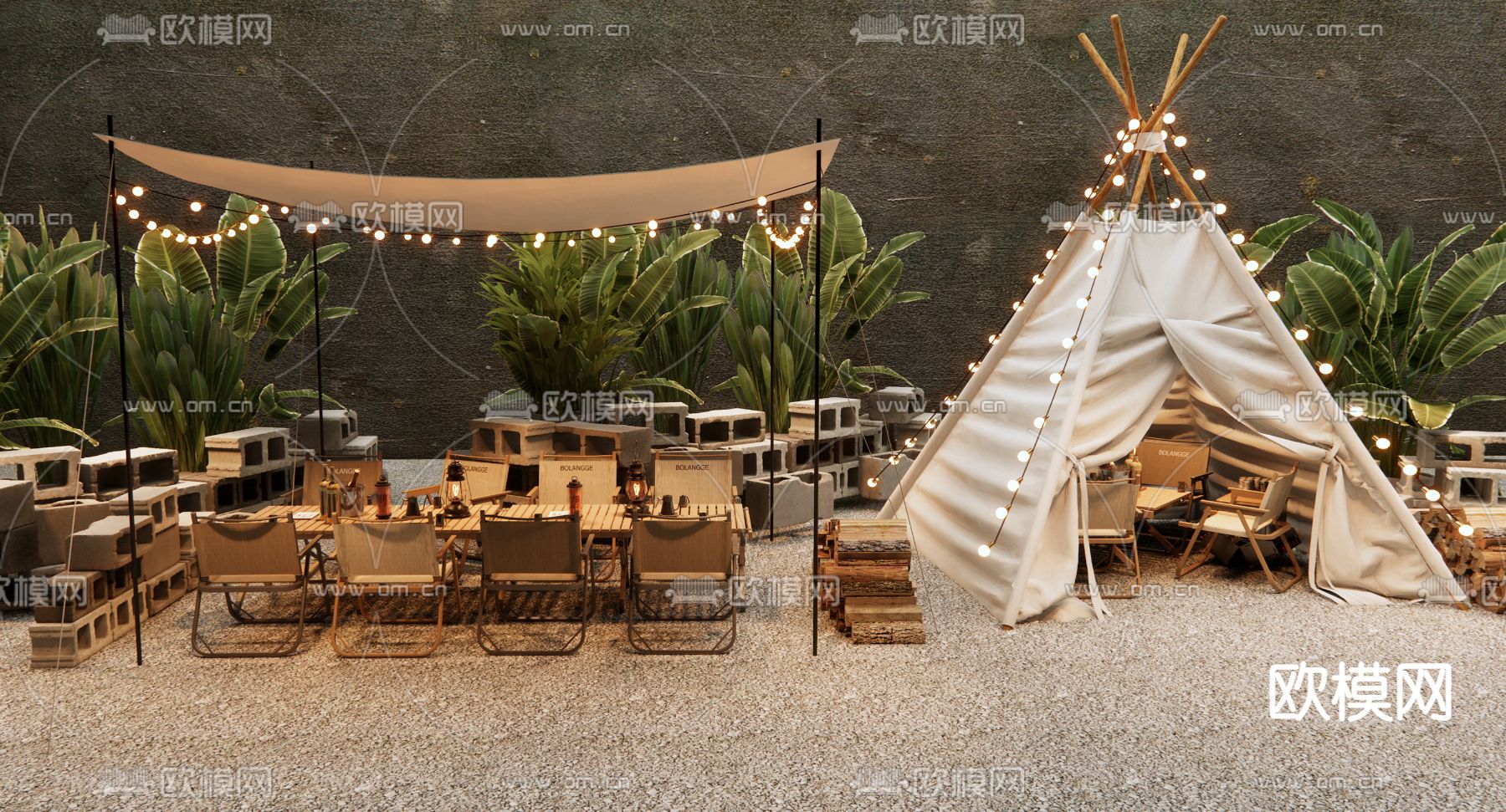 森系露营风外摆  户外咖啡厅 露营帐篷su模型下载（渲染图2）