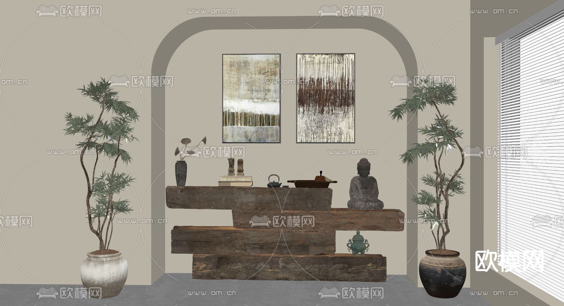 侘寂风室内景观 玄关 过道su模型下载（渲染图2）