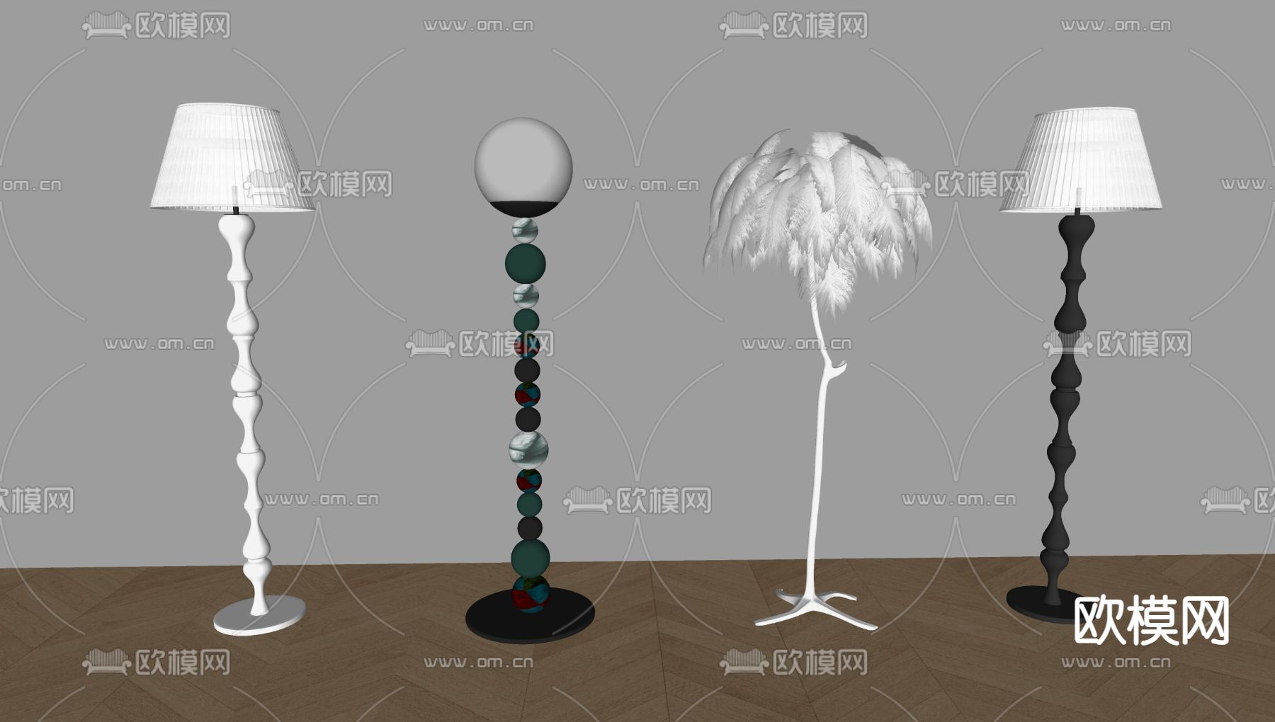 简约落地灯 羽毛落地灯 奶油风落地灯su模型下载（渲染图2）