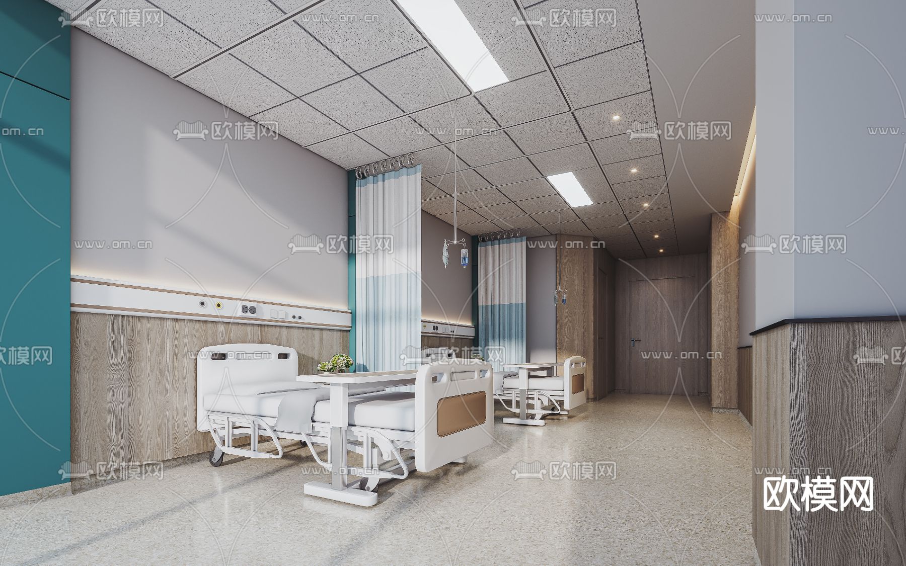 医院病房 三人病房su模型下载（渲染图1）