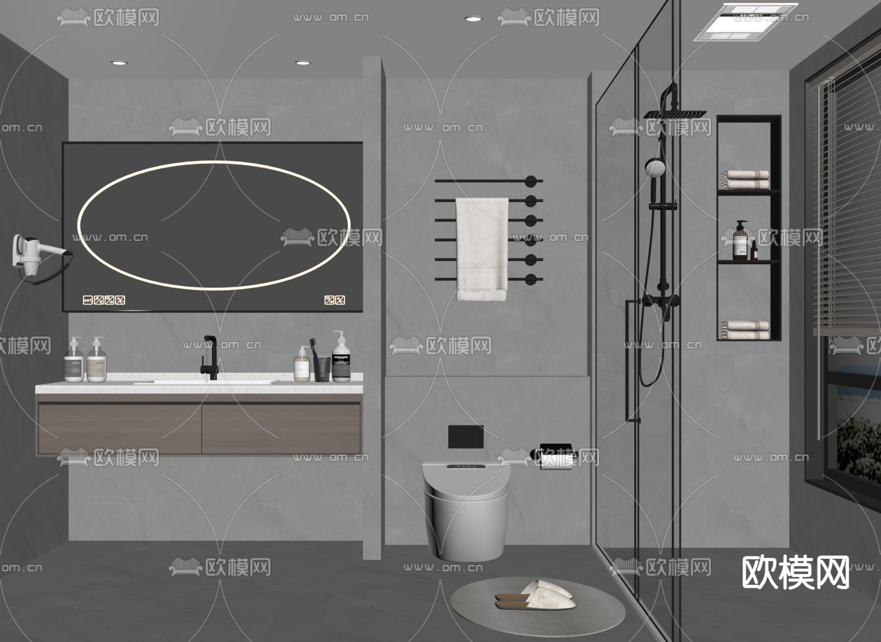 高级灰卫生间 浴室 洗手间su模型下载（渲染图2）