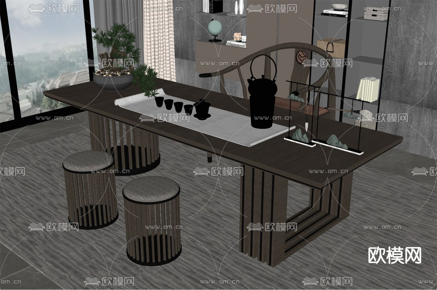 新中式茶桌 茶台 功夫泡茶桌su模型下载（渲染图2）
