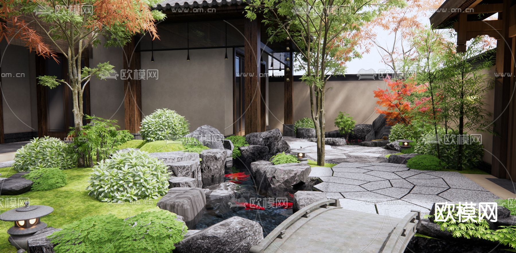 中式禅意枯山水庭院 假山水景su模型下载（渲染图4）