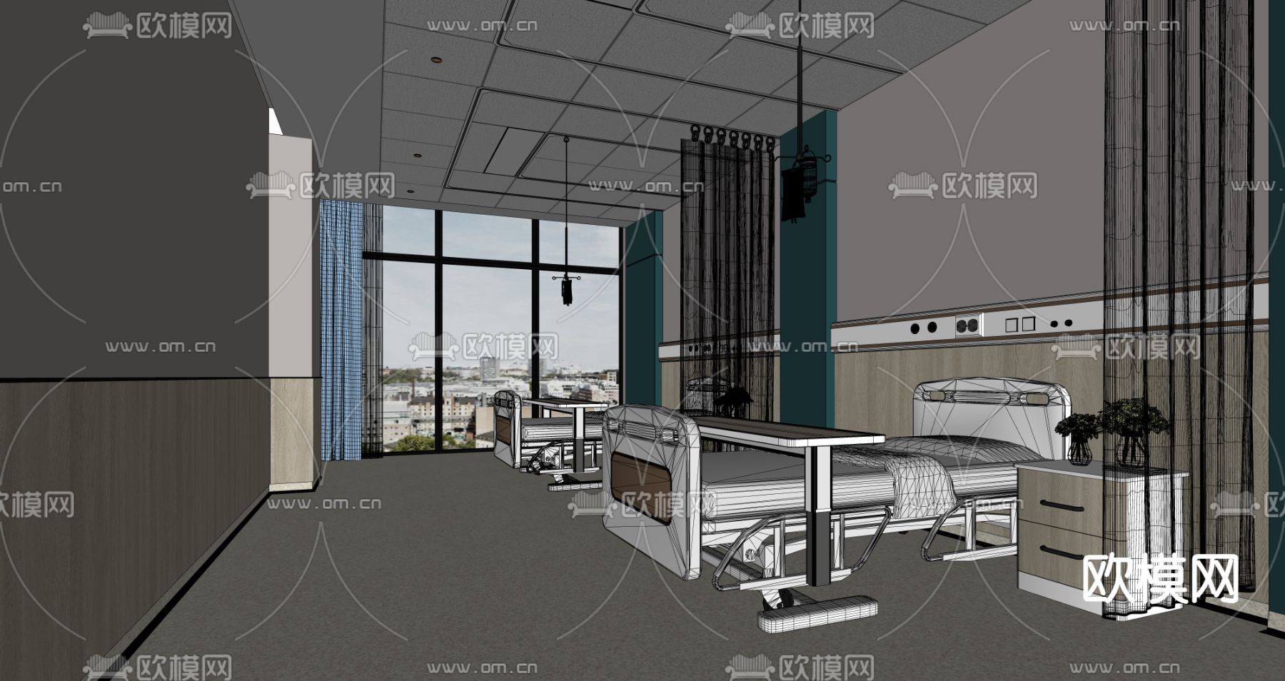 医院病房 三人病房su模型下载（渲染图3）