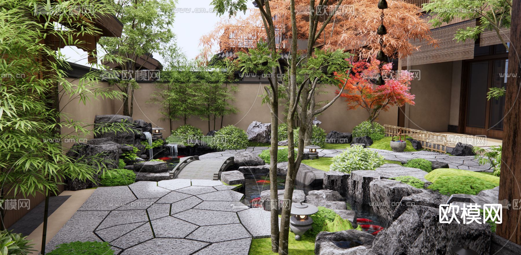 中式禅意枯山水庭院 假山水景su模型下载（渲染图2）