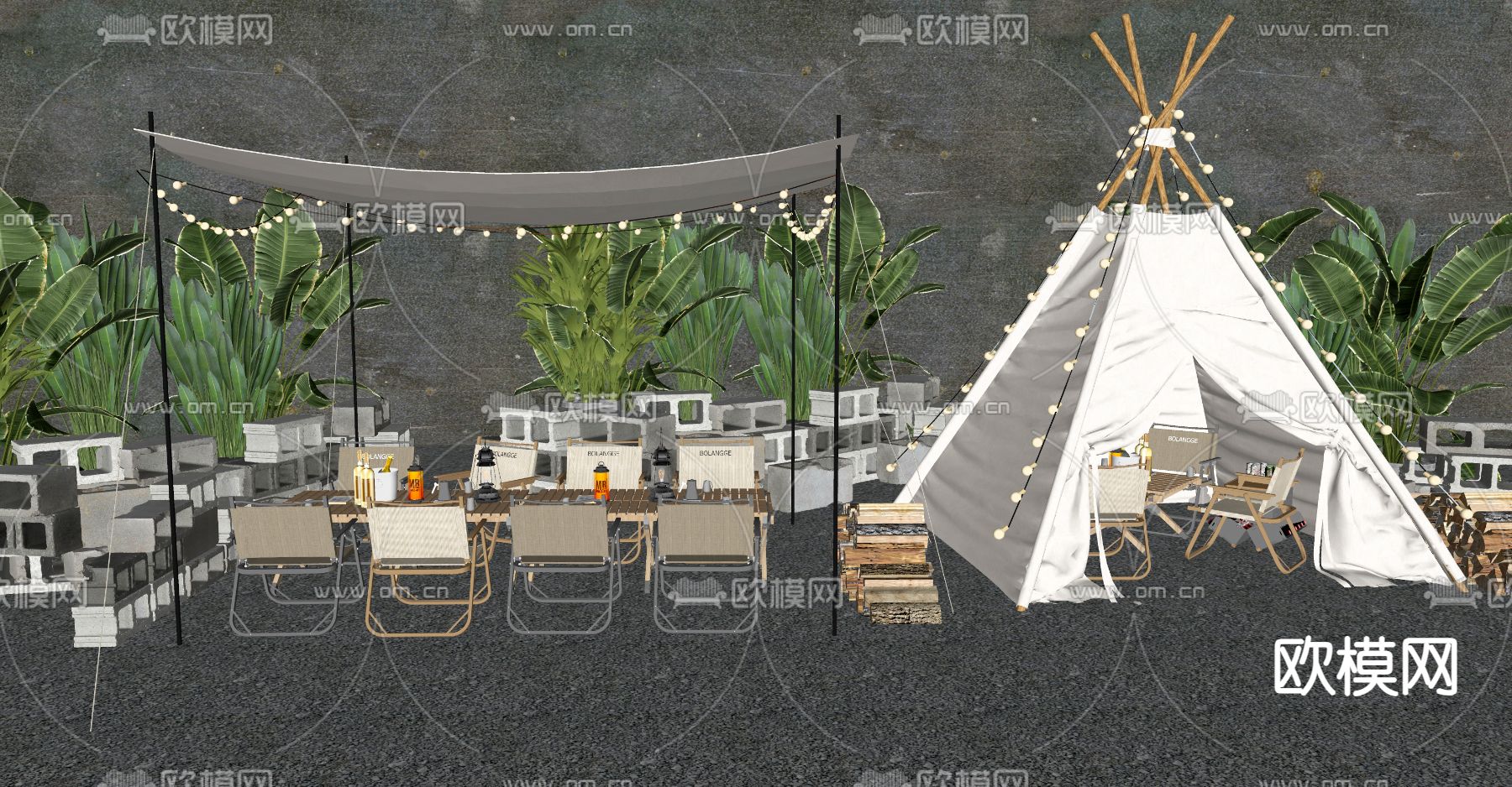 森系露营风外摆  户外咖啡厅 露营帐篷su模型下载（渲染图4）