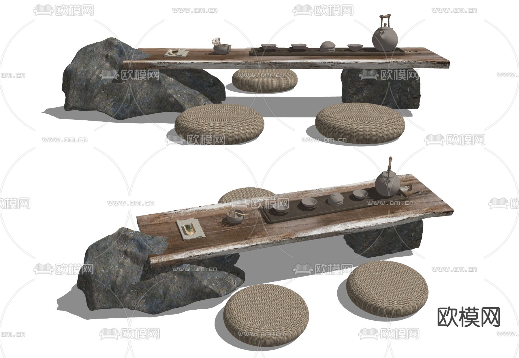 侘寂风茶桌椅 茶台 茶具su模型下载（渲染图2）