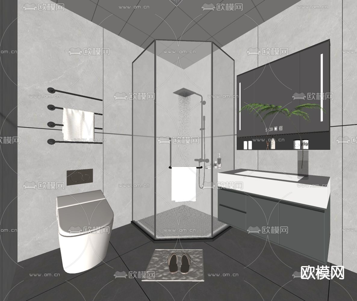 现代卫生间 浴室 洗手间su模型下载（渲染图2）