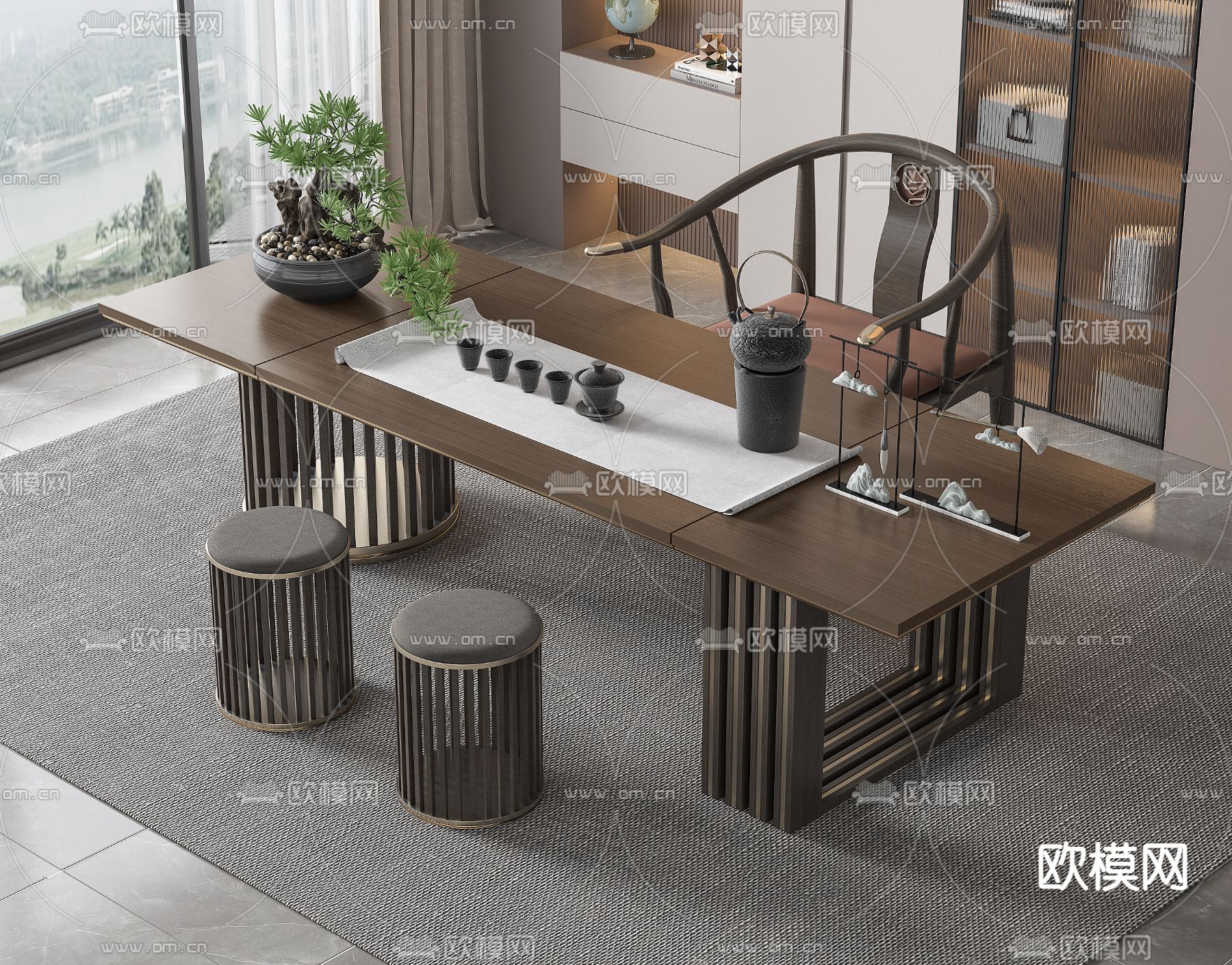 新中式茶桌 茶台 功夫泡茶桌su模型下载（渲染图1）