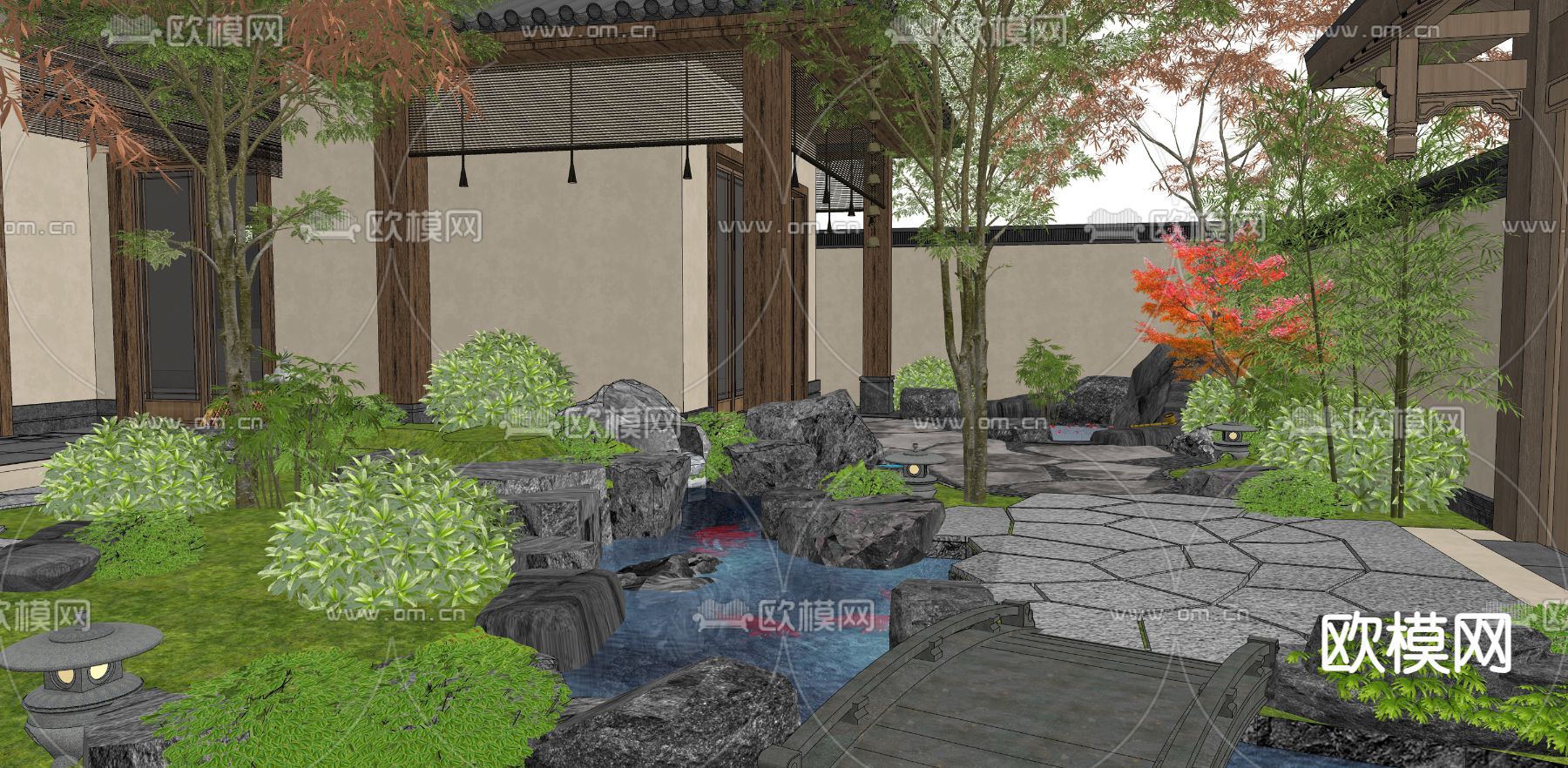 中式禅意枯山水庭院 假山水景su模型下载（渲染图5）