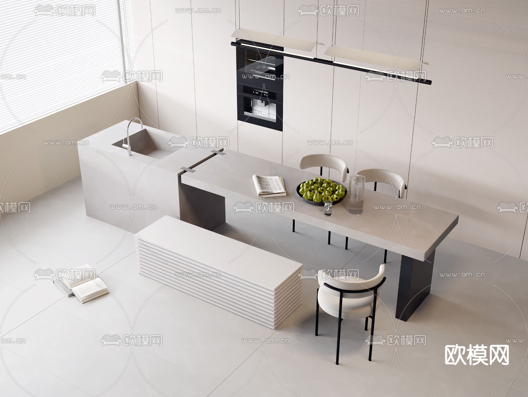 水吧台 岛台餐桌椅 中岛台su模型下载（渲染图1）