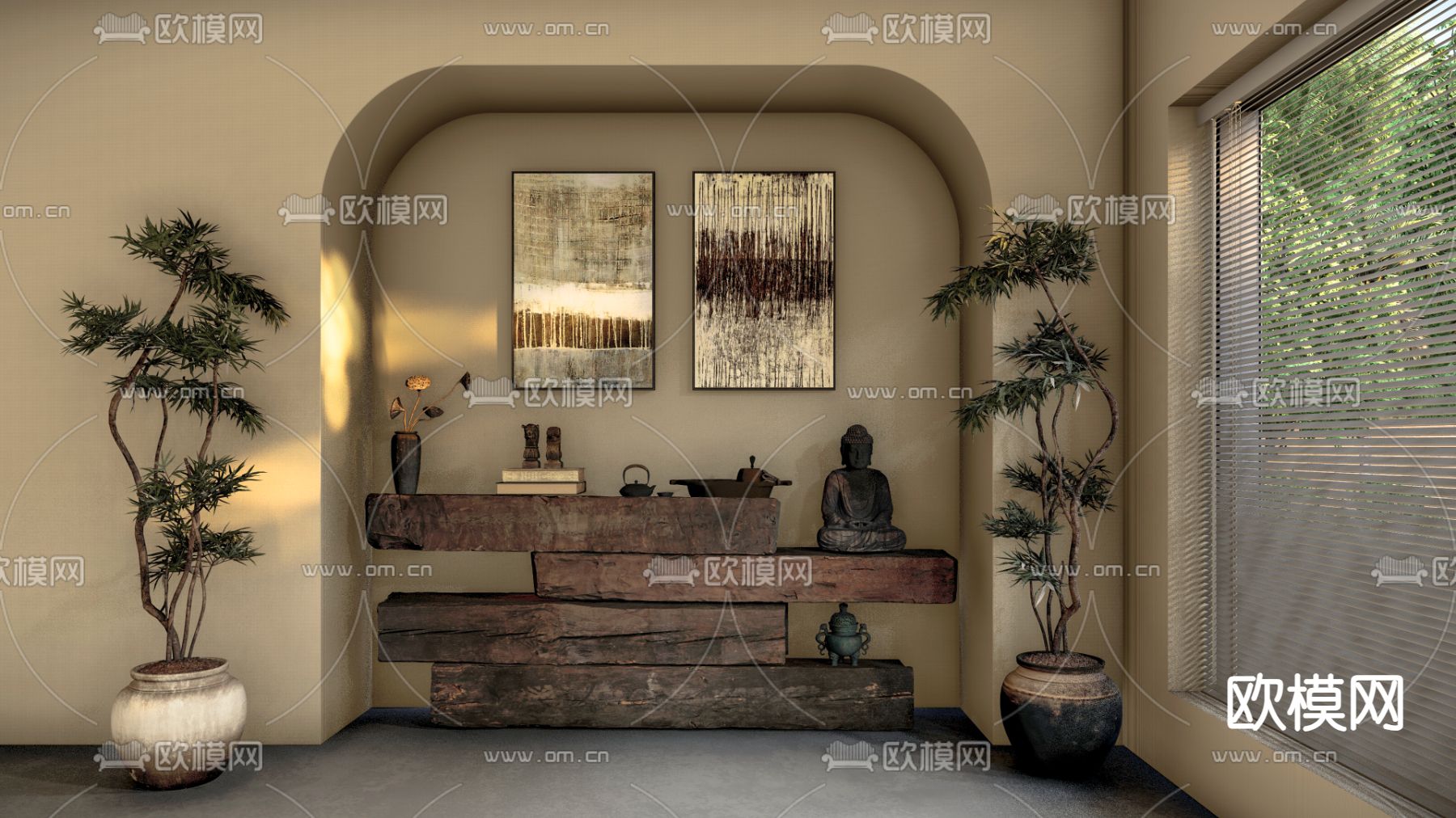 侘寂风室内景观 玄关 过道su模型下载（渲染图1）