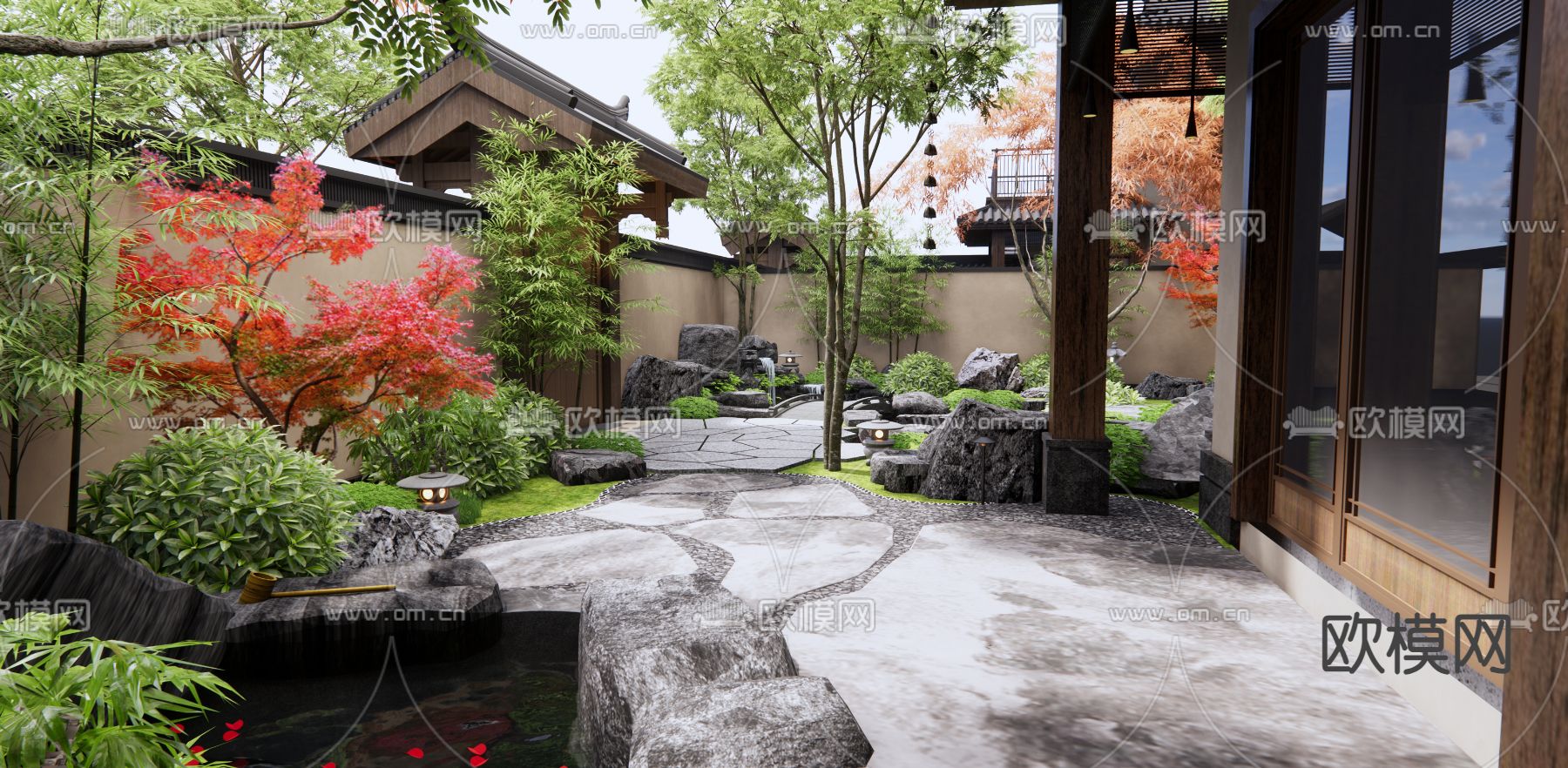 中式禅意枯山水庭院 假山水景su模型下载（渲染图3）