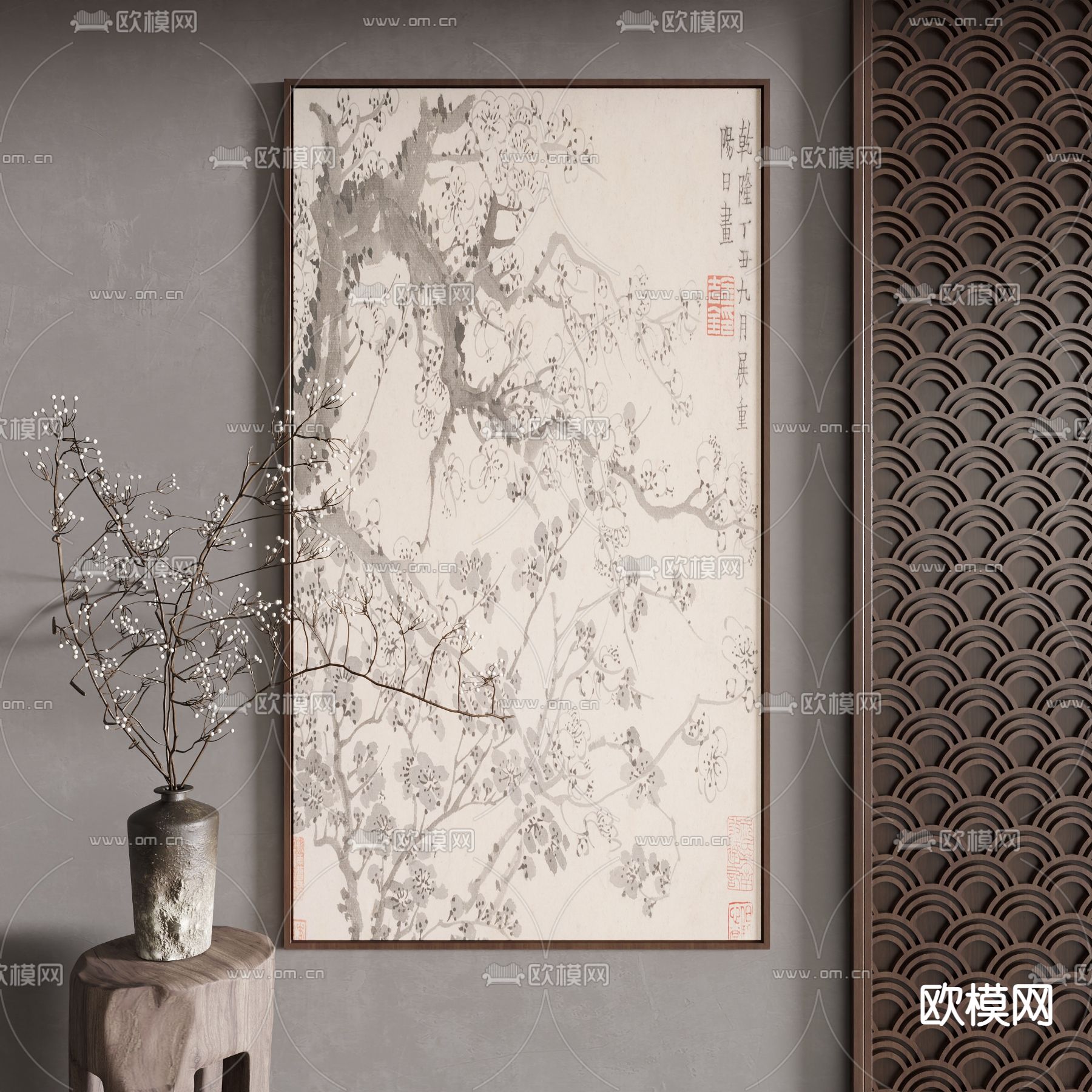 新中式古风画 禅意挂画 装饰画su模型下载（渲染图1）