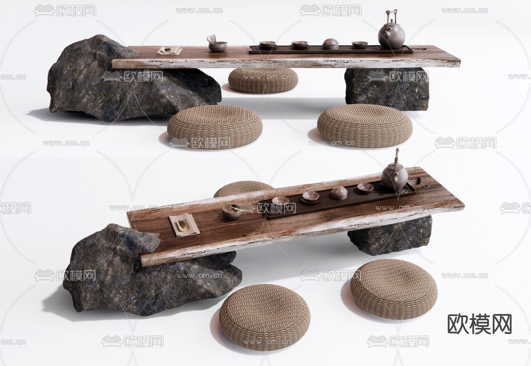 侘寂风茶桌椅 茶台 茶具su模型下载（渲染图1）