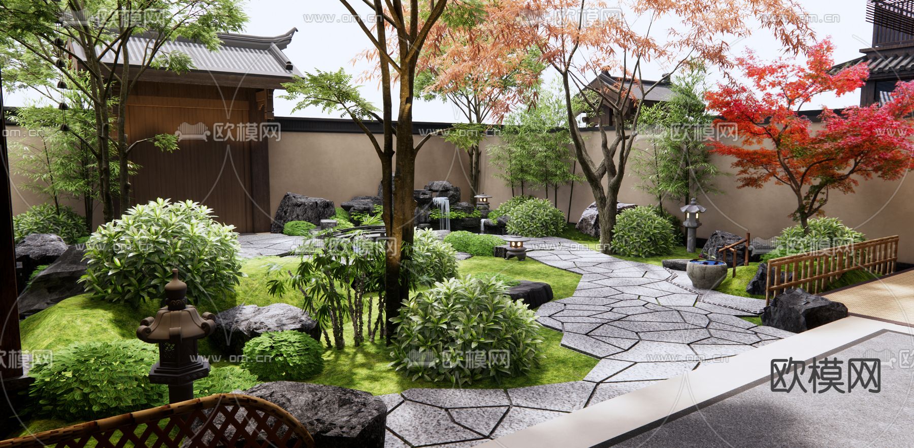 中式禅意枯山水庭院 假山水景su模型下载（渲染图1）