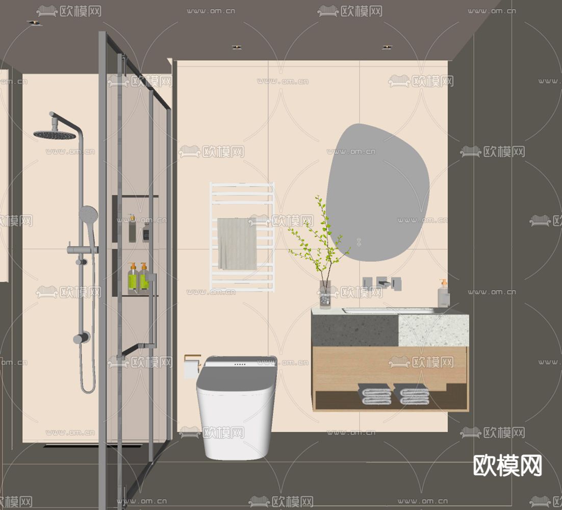 奶油风卫生间 浴室 洗手间su模型下载（渲染图2）