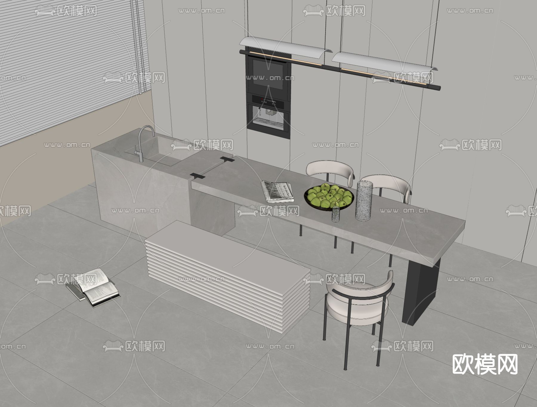 水吧台 岛台餐桌椅 中岛台su模型下载（渲染图2）