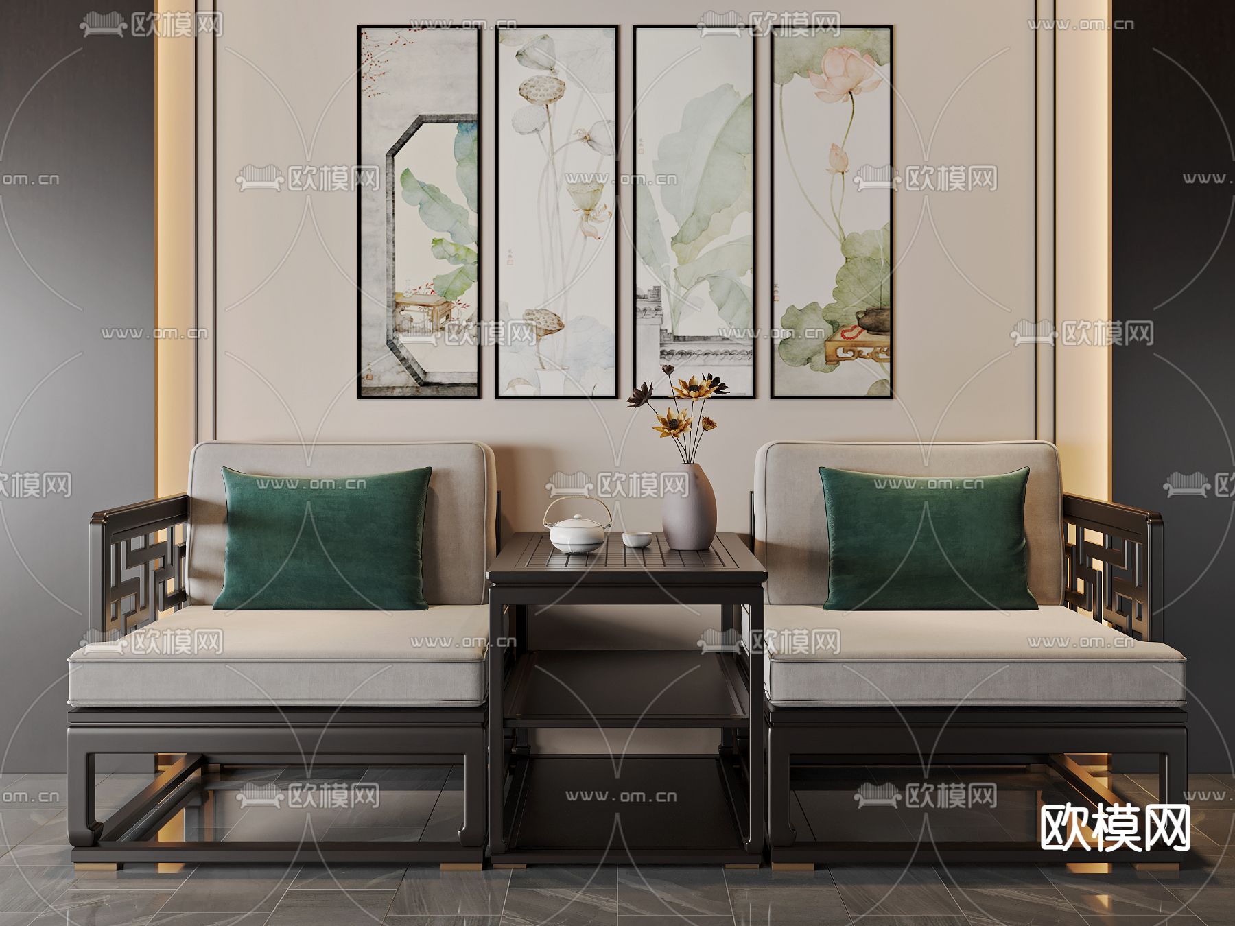 新中式沙发 双人沙发3d模型下载（渲染图1）