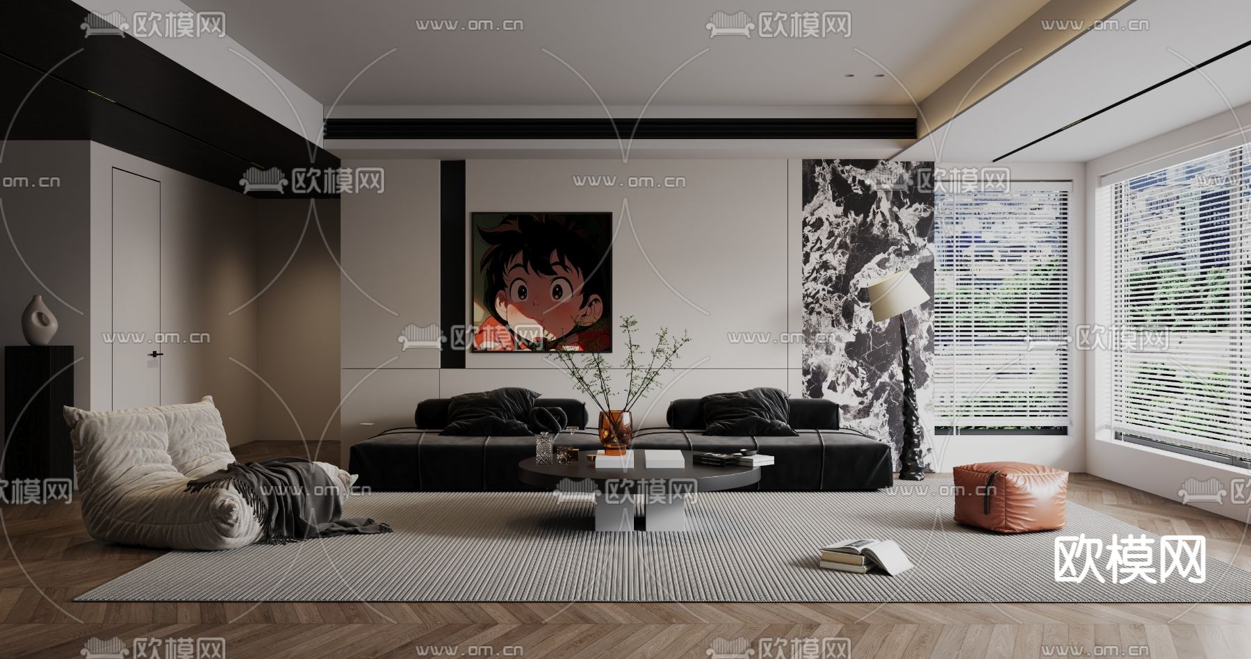 黑白灰客厅3d模型下载