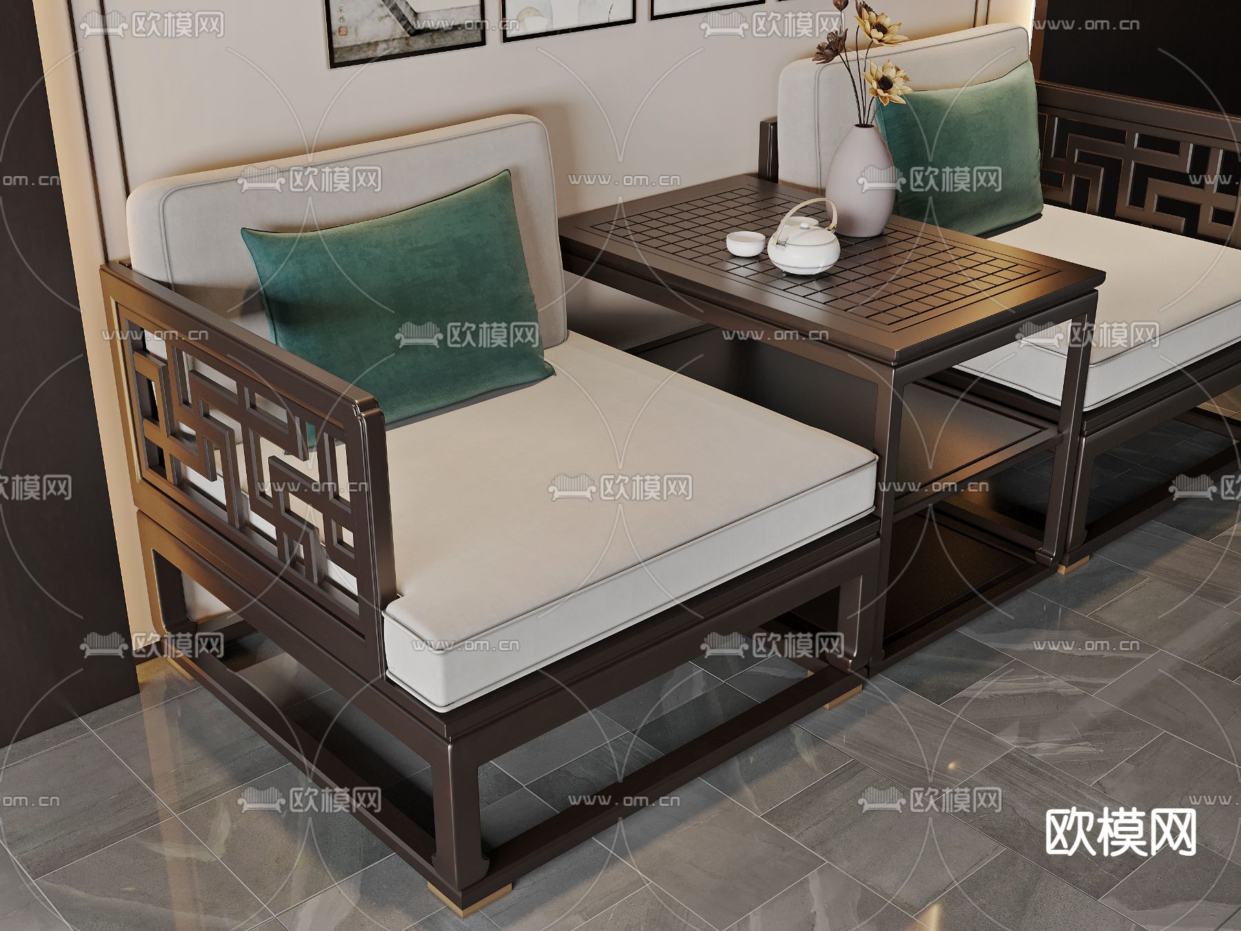 新中式沙发 双人沙发3d模型下载（渲染图2）