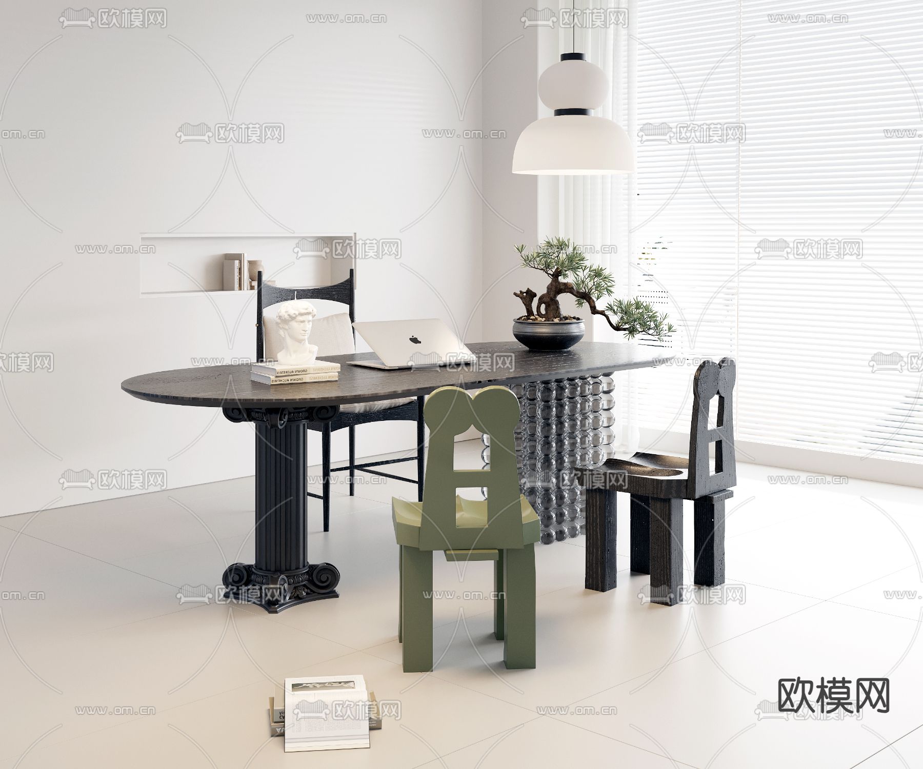 中古风餐桌椅3d模型下载